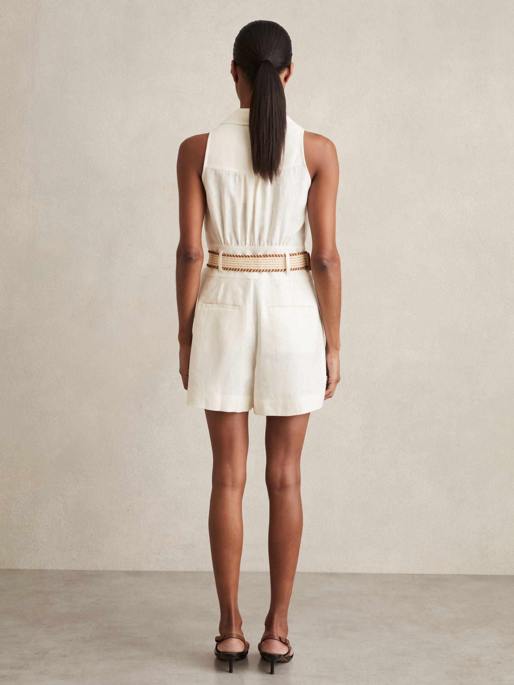 Linen Belted Collar Playsuit in Cream - Image 5 of 6