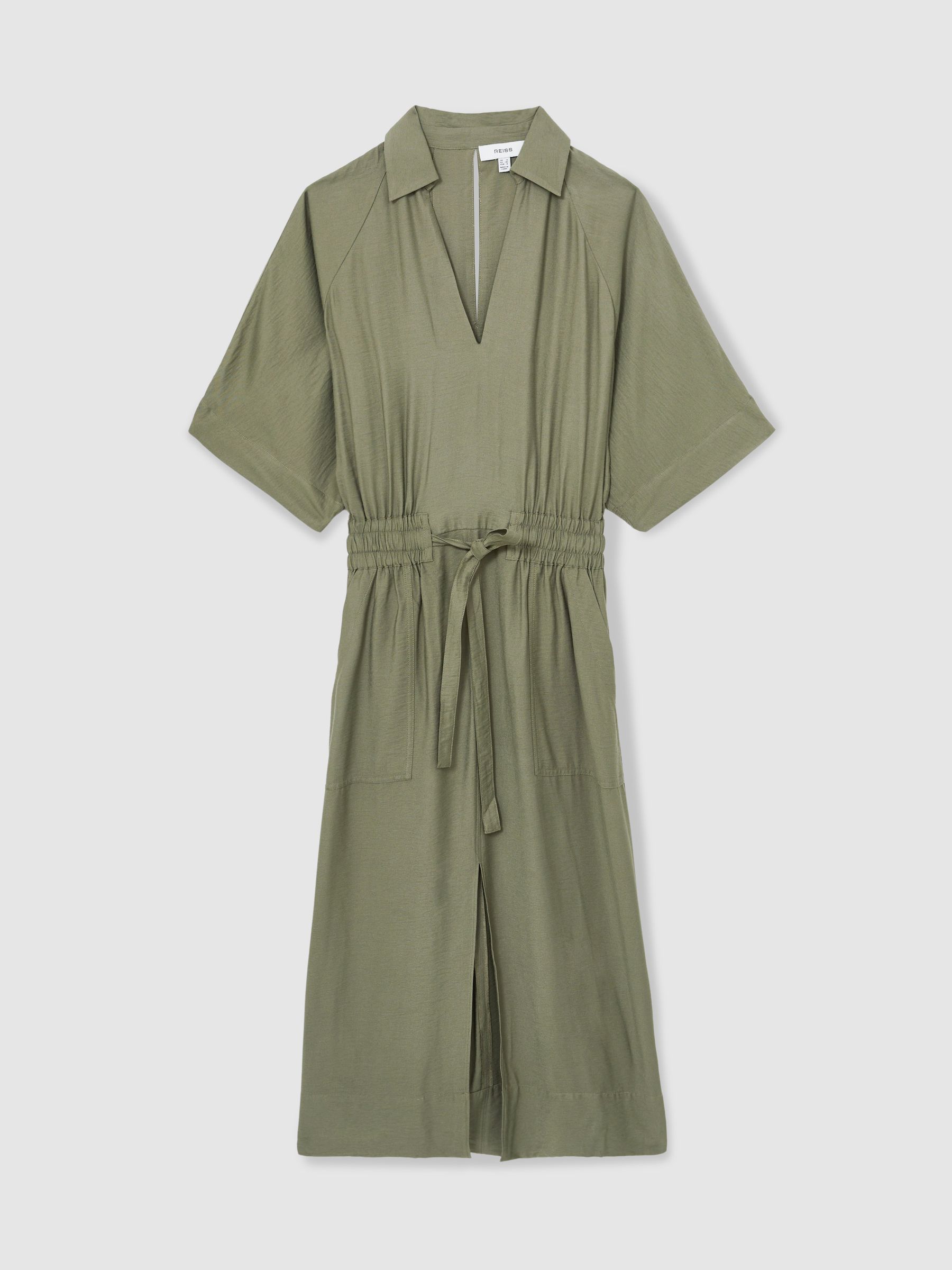 Shirred-Waist Midi Shirt Dress in Khaki - Image 2 of 5