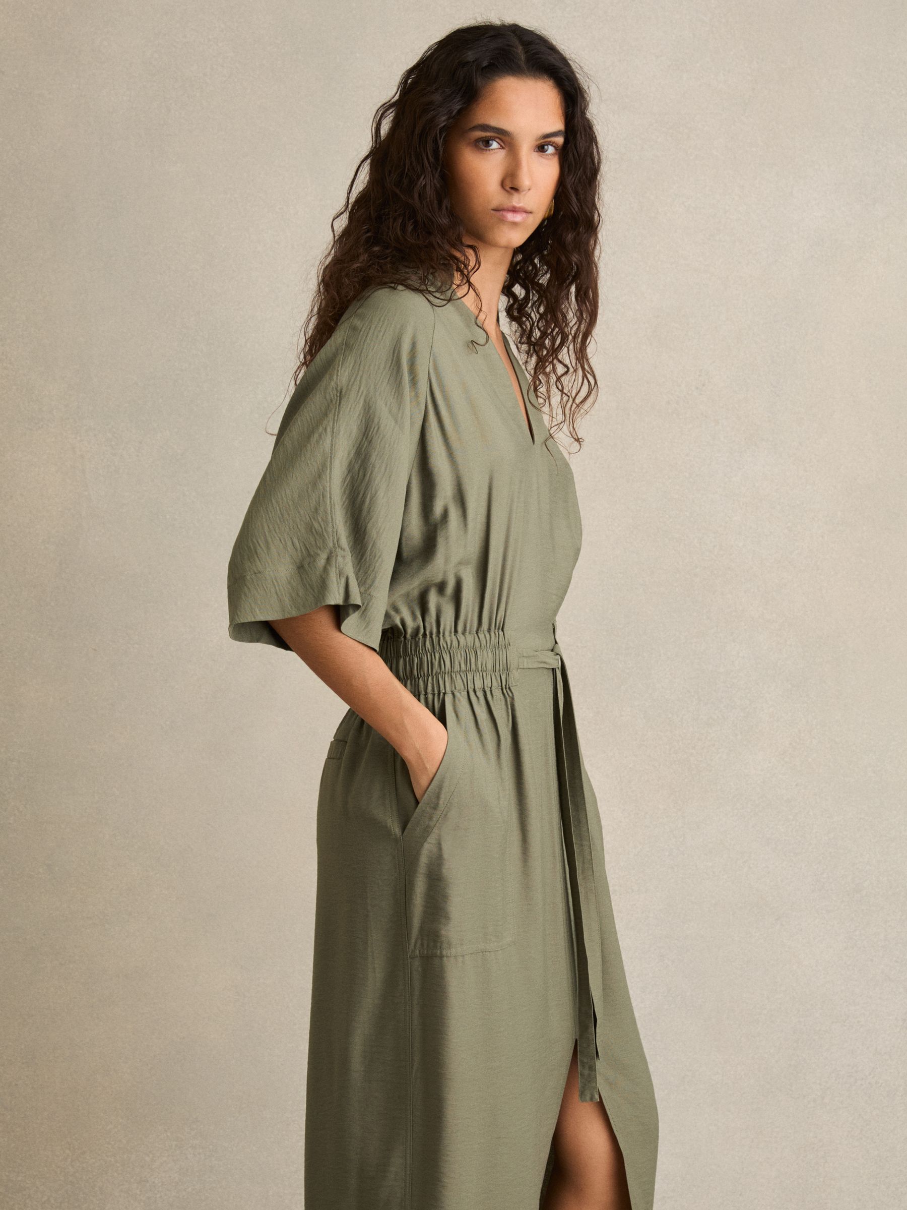 Shirred-Waist Midi Shirt Dress in Khaki - image 3