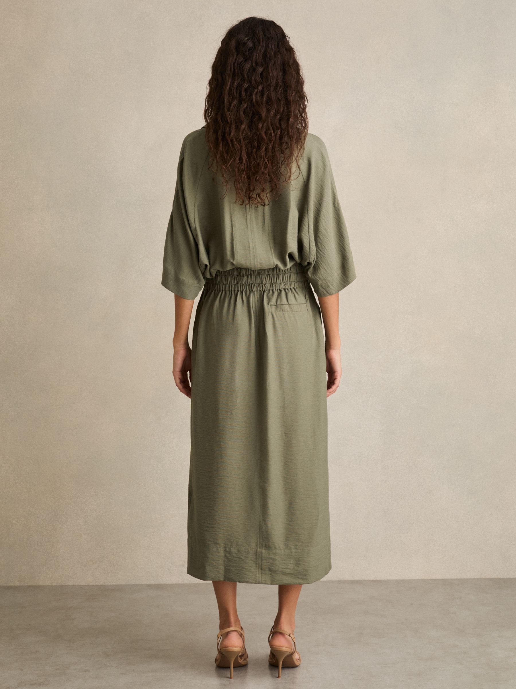 Shirred-Waist Midi Shirt Dress in Khaki - Image 4 of 5