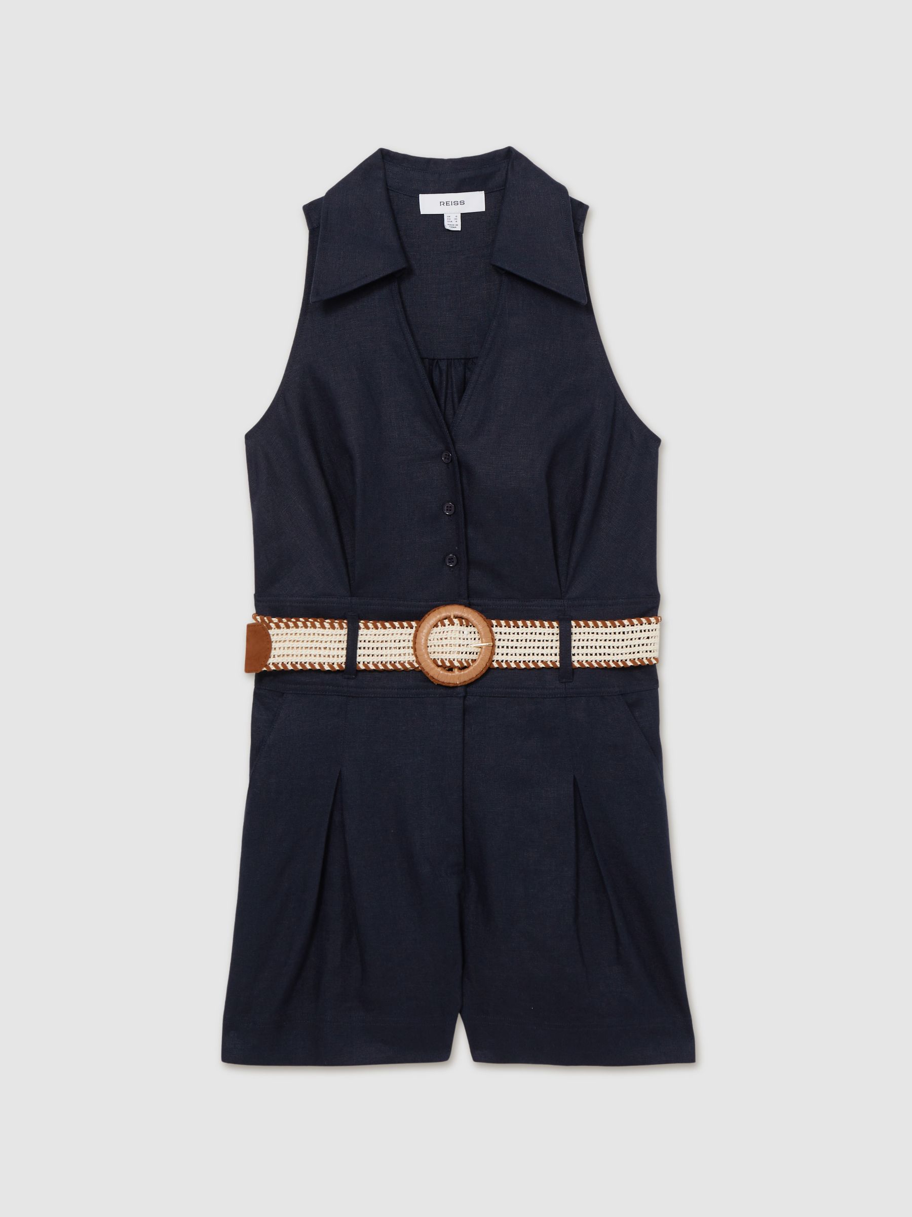 Linen Belted Collar Playsuit in Navy - Image 2 of 6