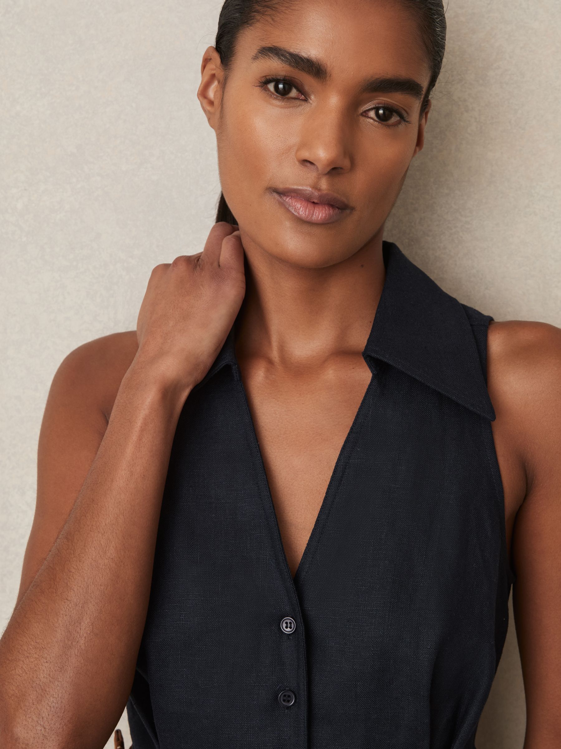 Linen Belted Collar Playsuit in Navy - Image 4 of 6