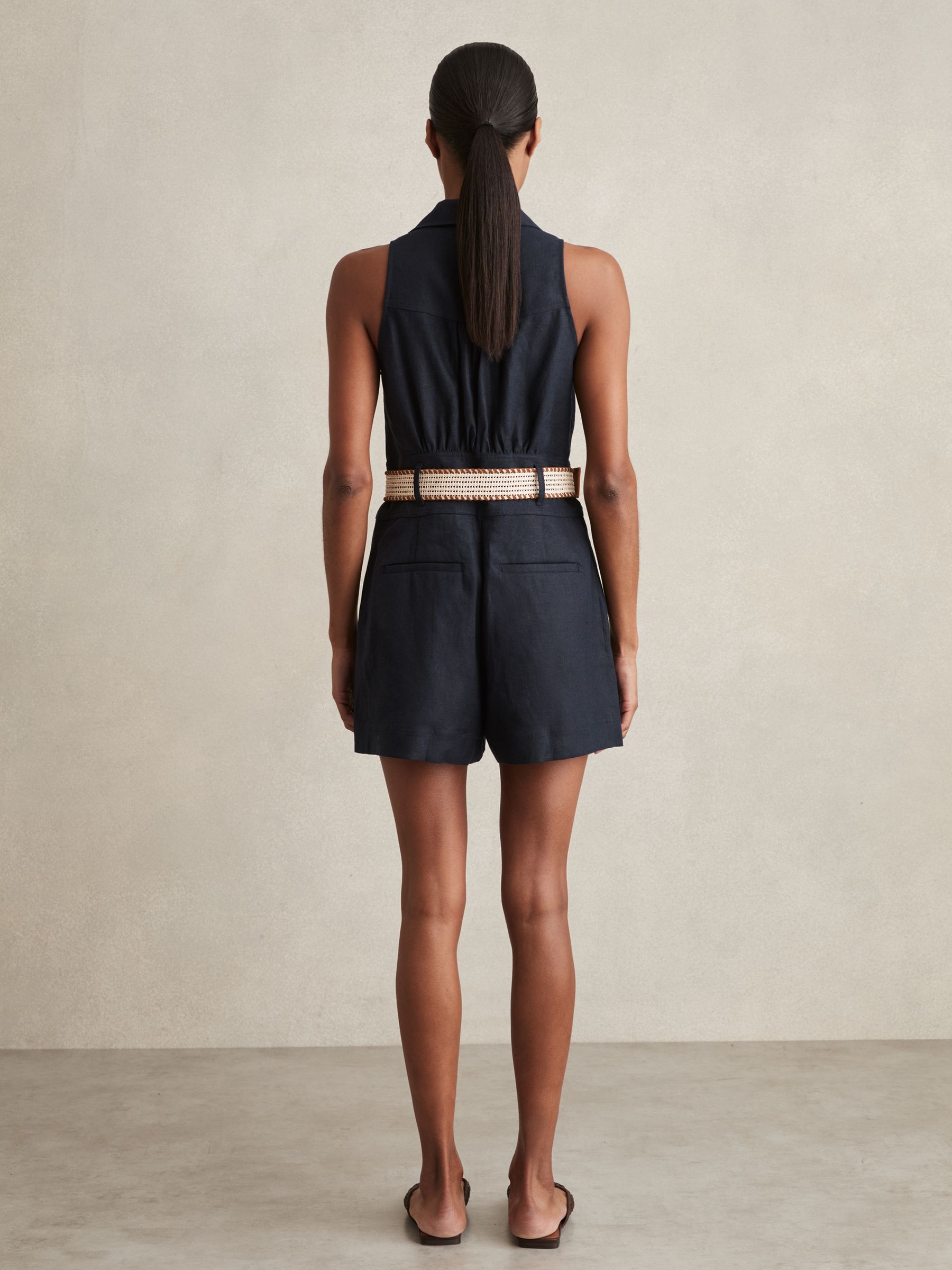 Linen Belted Collar Playsuit in Navy - Image 5 of 6