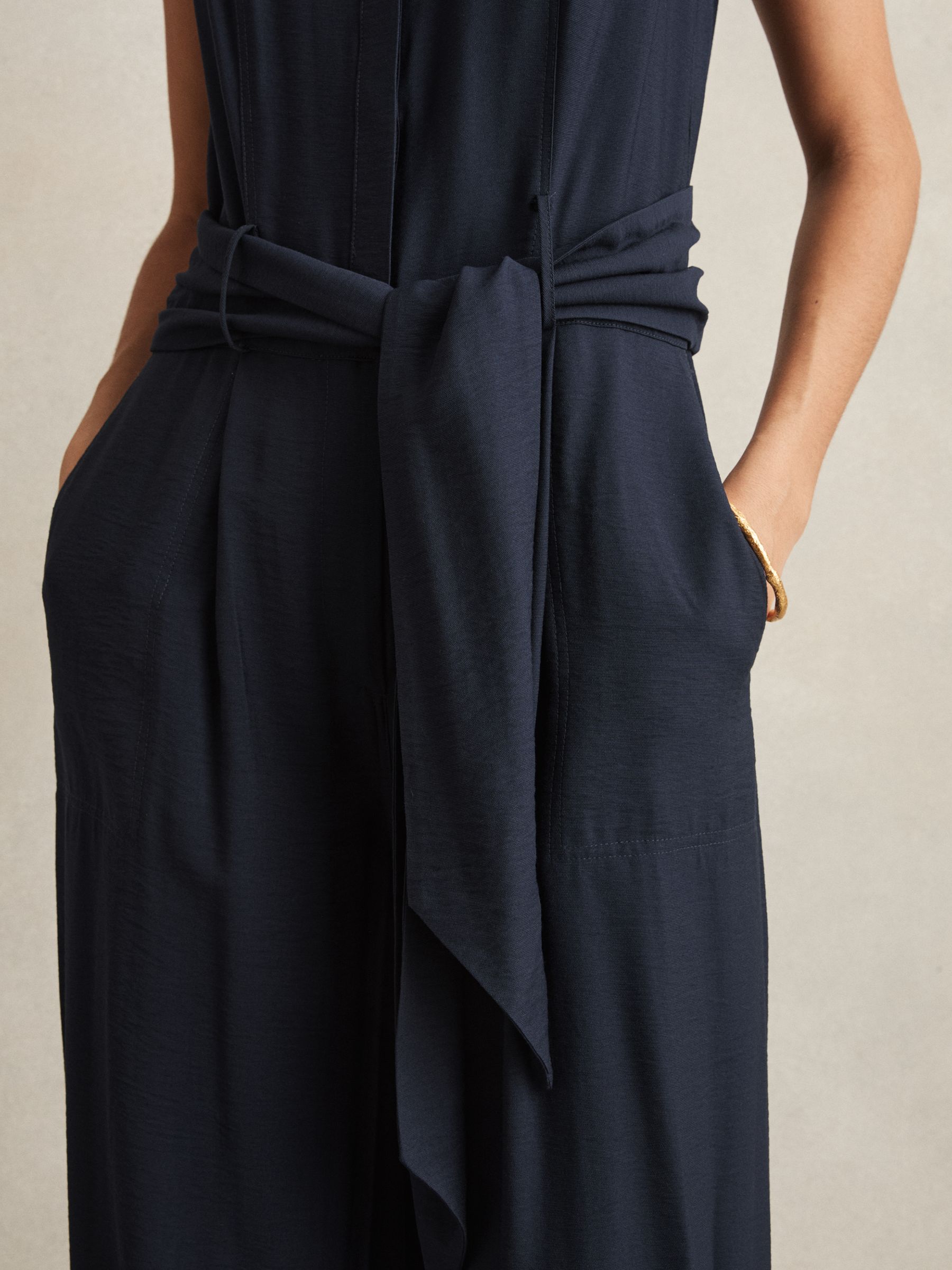 Wide-Leg Belted Jumpsuit in Navy - Image 3 of 6