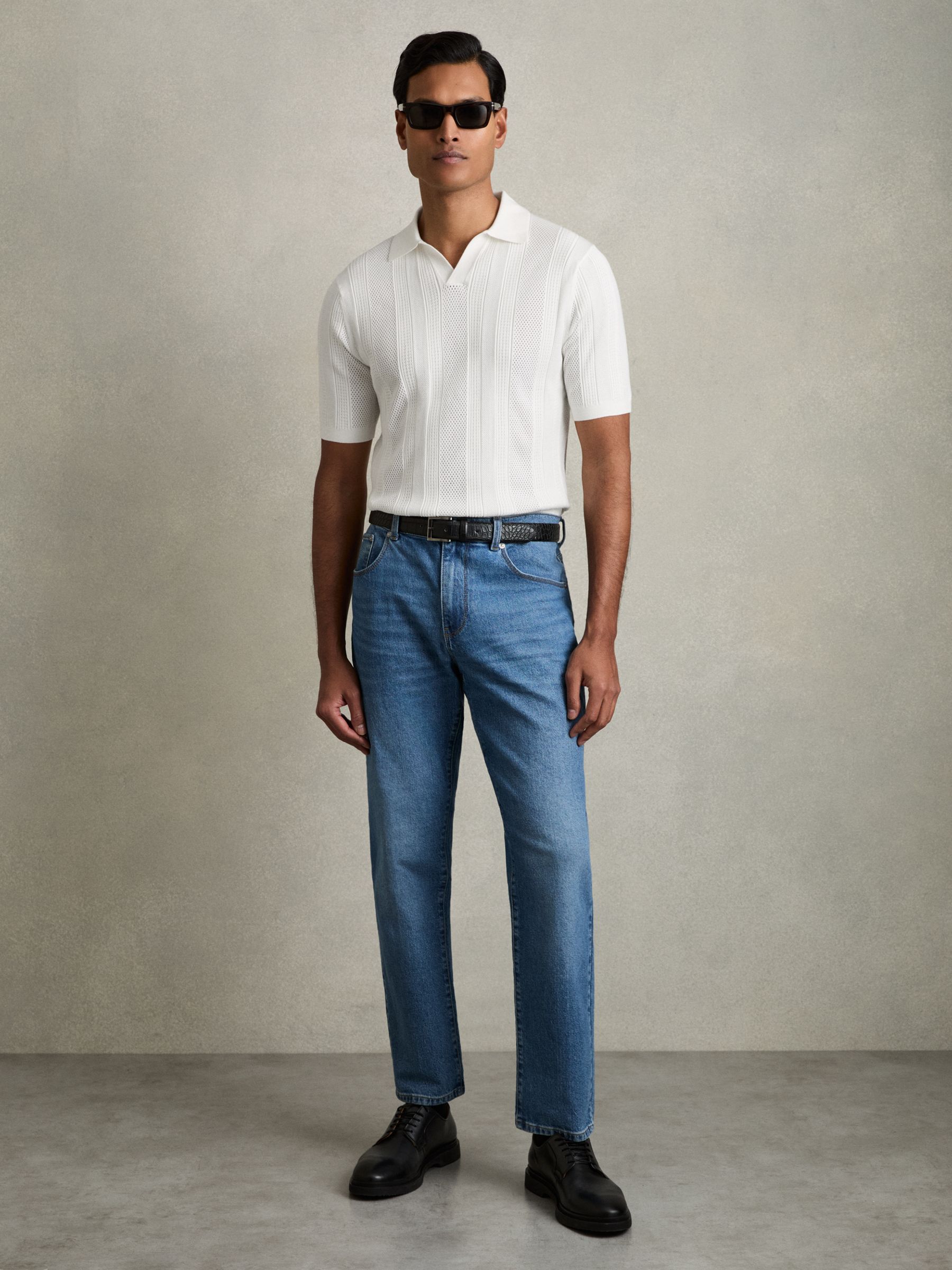 Textured-Stripe Knitted Polo Shirt in White - Image 3 of 7