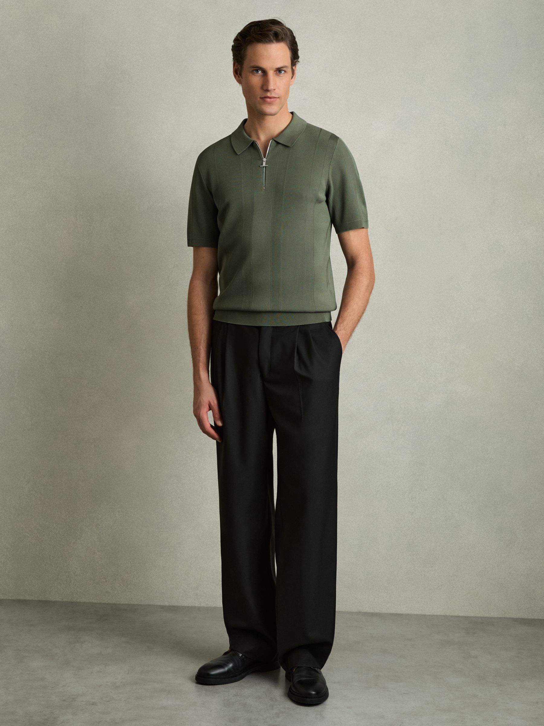 Half-Zip Textured-Knit Polo Shirt in Herb Green - Image 3 of 6