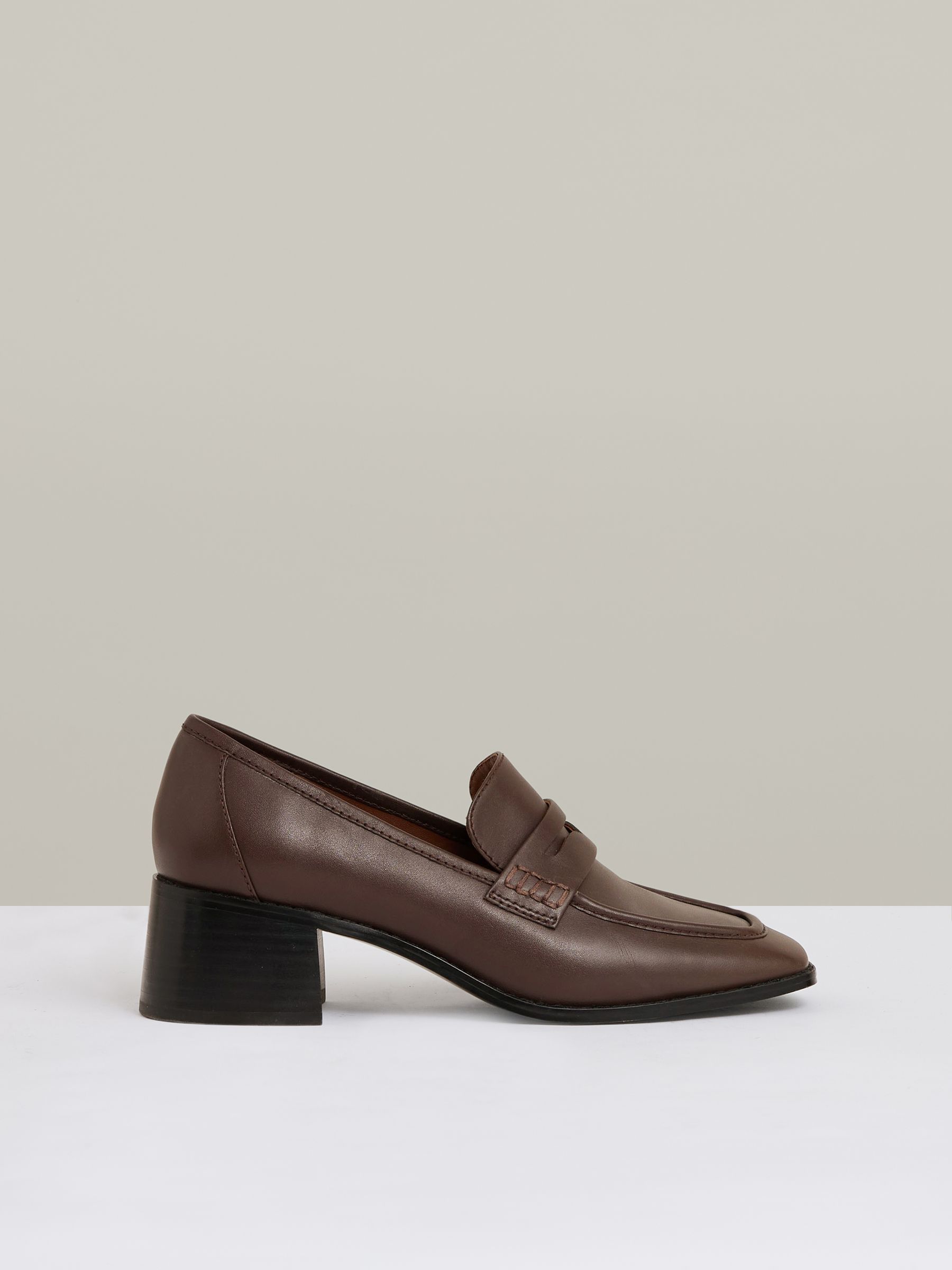 Leather Block-Heel Penny Loafers in Chocolate - Image 1 of 5