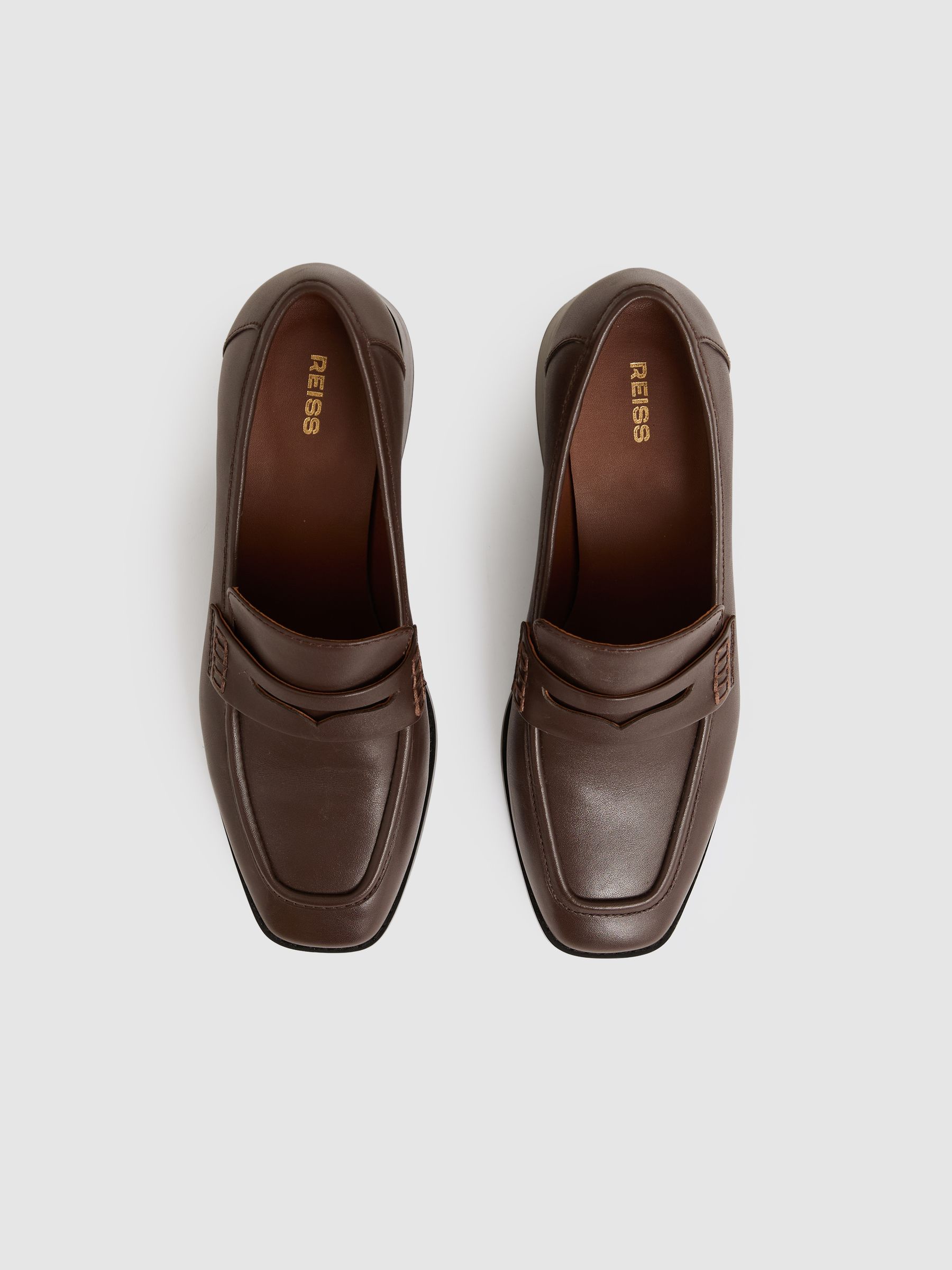 Leather Block-Heel Penny Loafers in Chocolate - Image 3 of 5