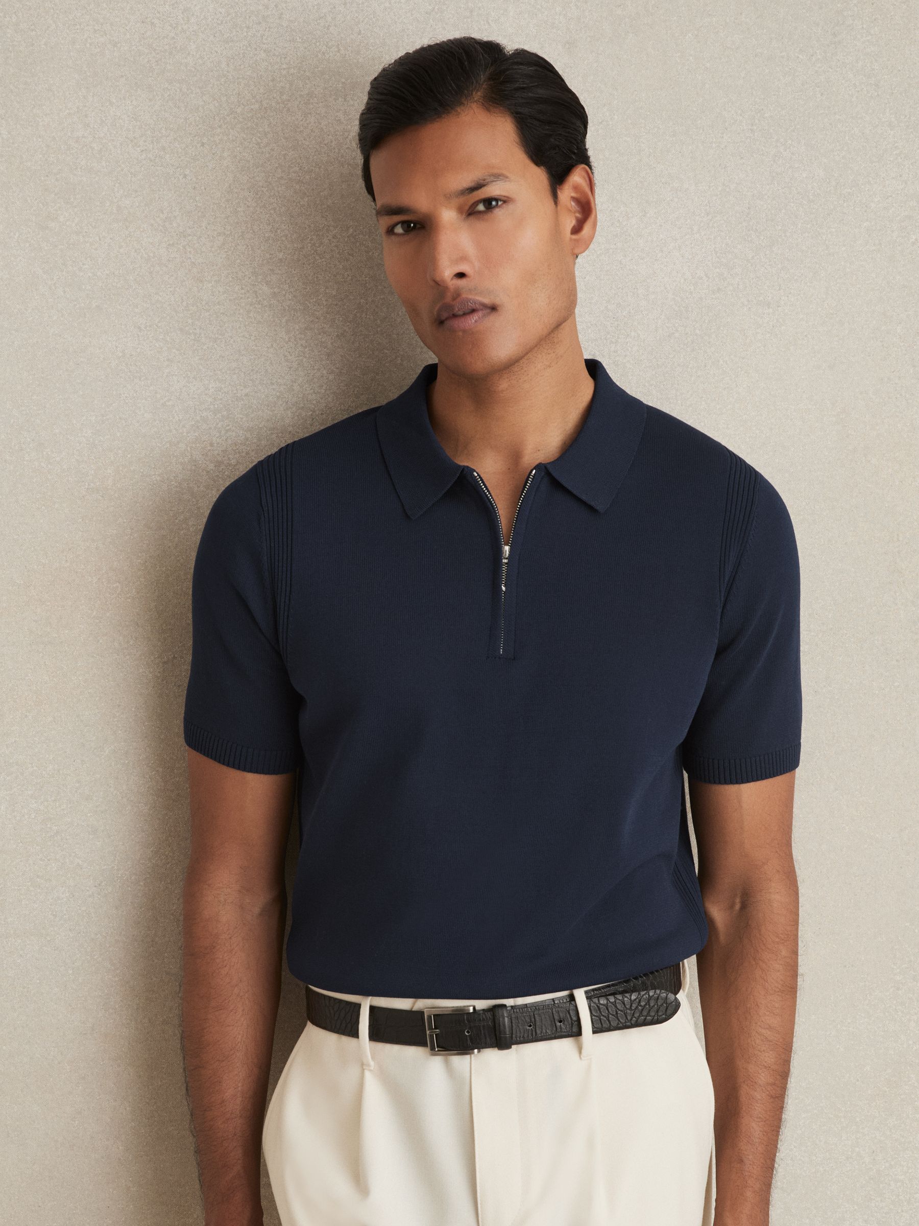 Cotton Half-Zip Knitted Polo Shirt in Navy - Image 1 of 6