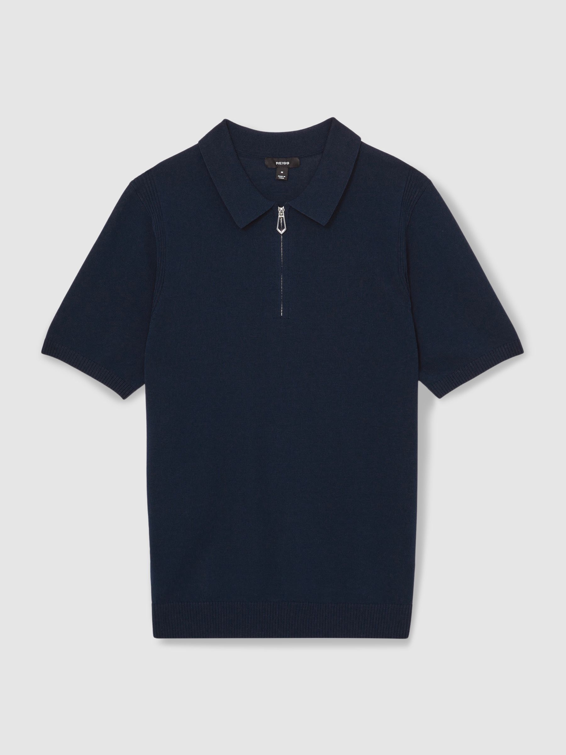 Cotton Half-Zip Knitted Polo Shirt in Navy - Image 2 of 6