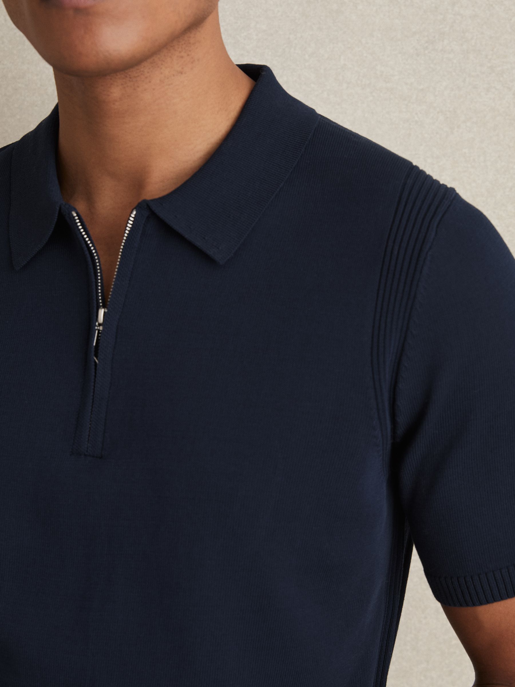 Cotton Half-Zip Knitted Polo Shirt in Navy - Image 4 of 6