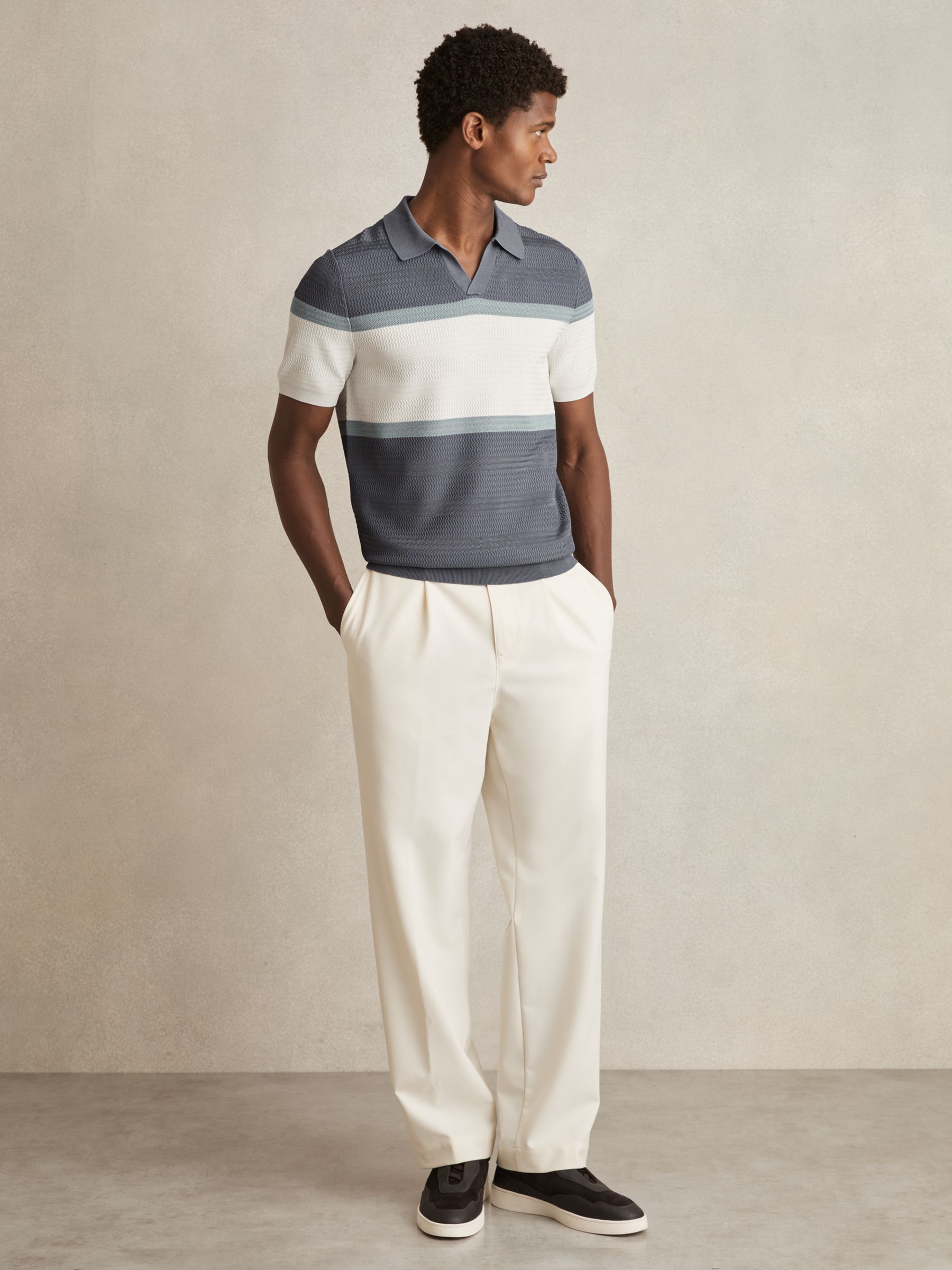 Textured Knit Stripe Polo Shirt in Airforce Blue - Image 3 of 6