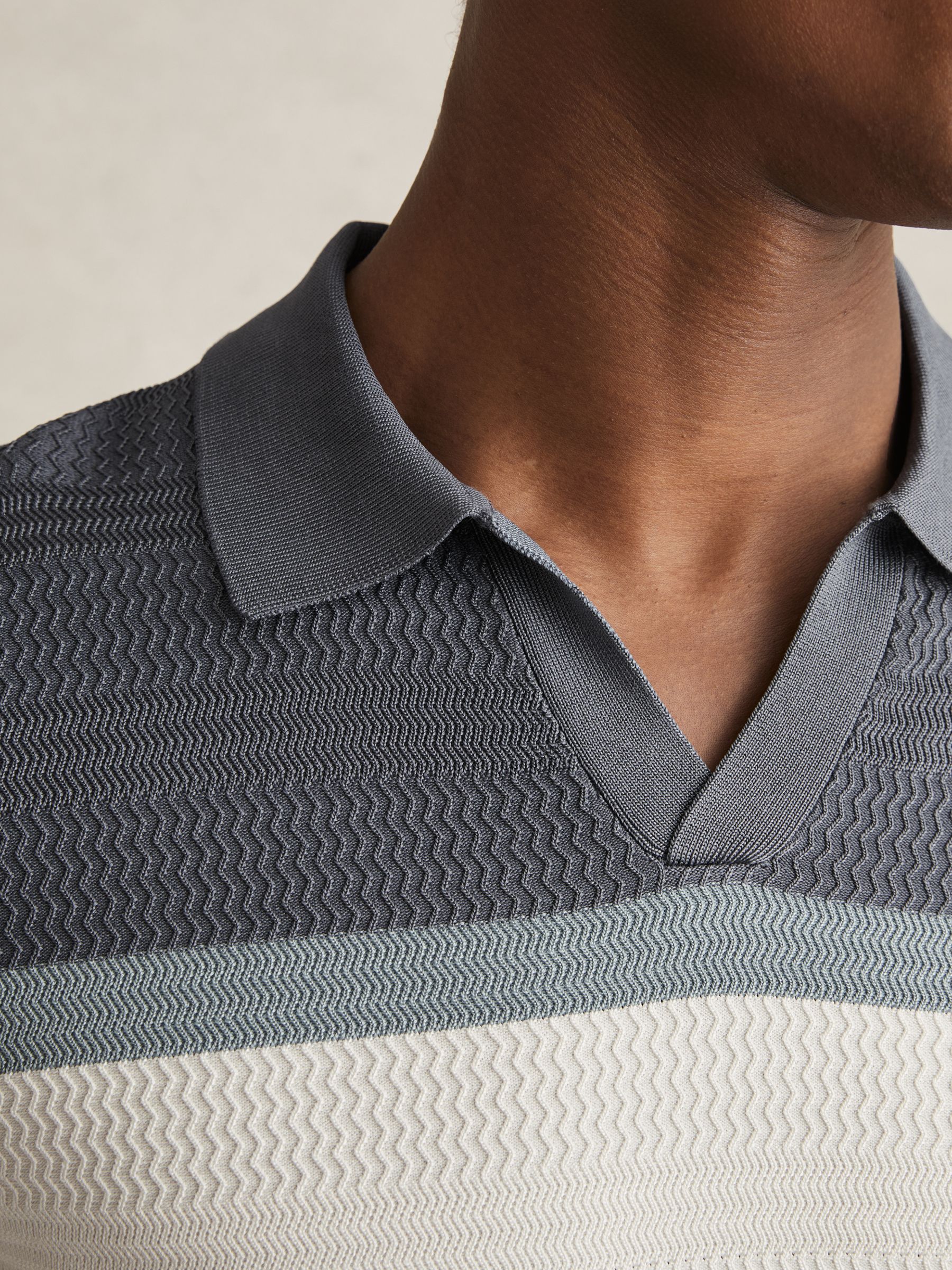 Textured Knit Stripe Polo Shirt in Airforce Blue - Image 4 of 6