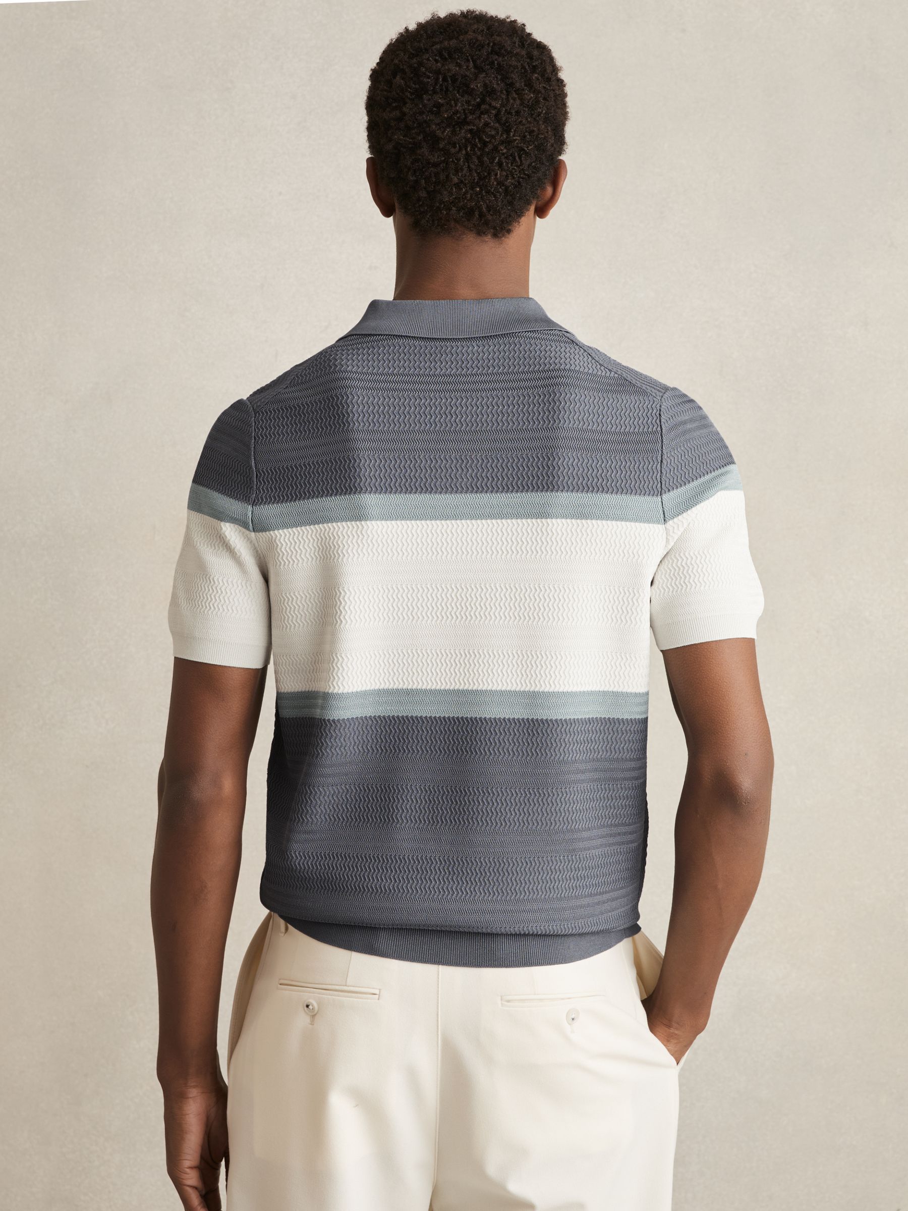 Textured Knit Stripe Polo Shirt in Airforce Blue - Image 5 of 6