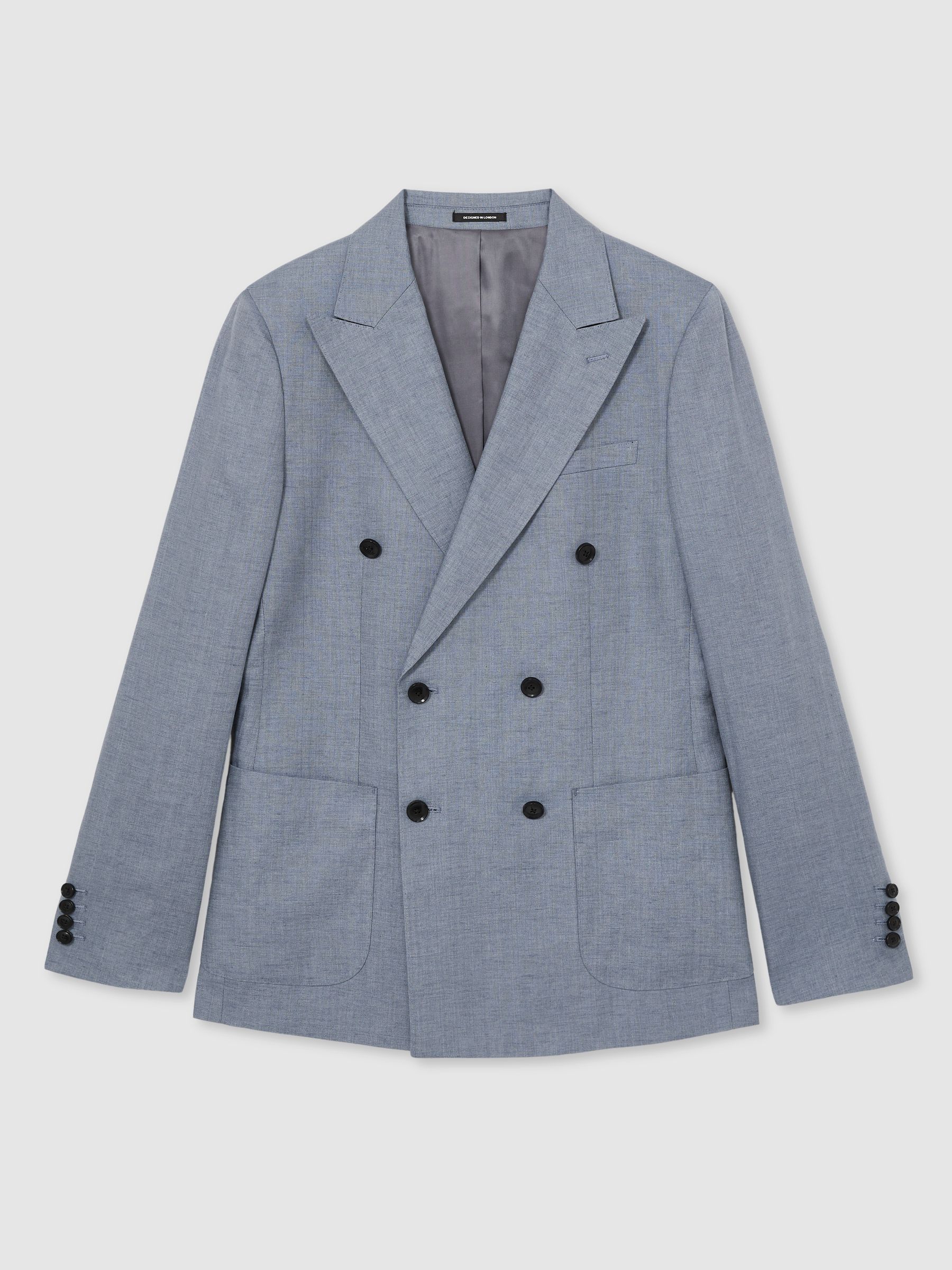 Slim-Fit Linen Double-Breasted Suit Blazer in Airforce Blue - Image 2 of 9