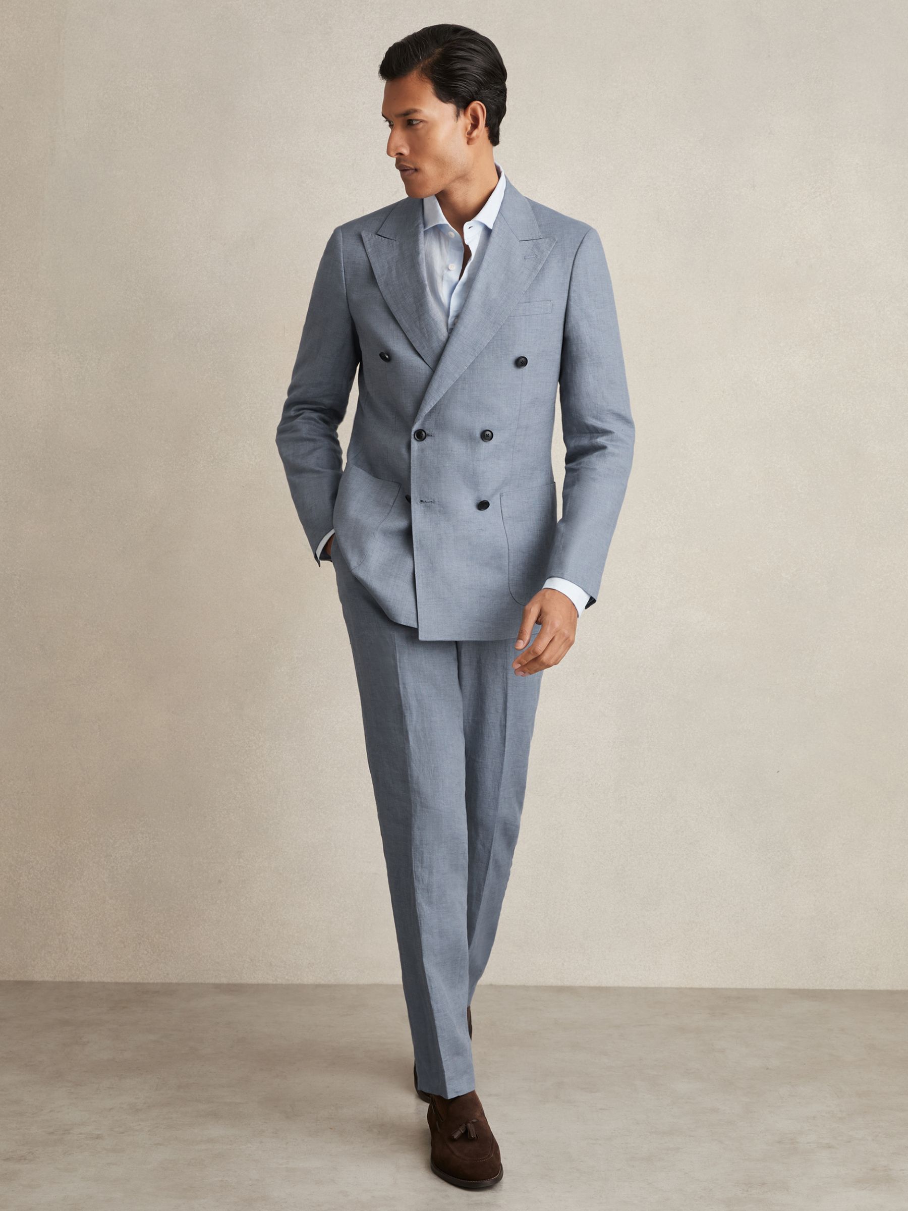 Slim-Fit Linen Double-Breasted Suit Blazer in Airforce Blue - Image 3 of 9