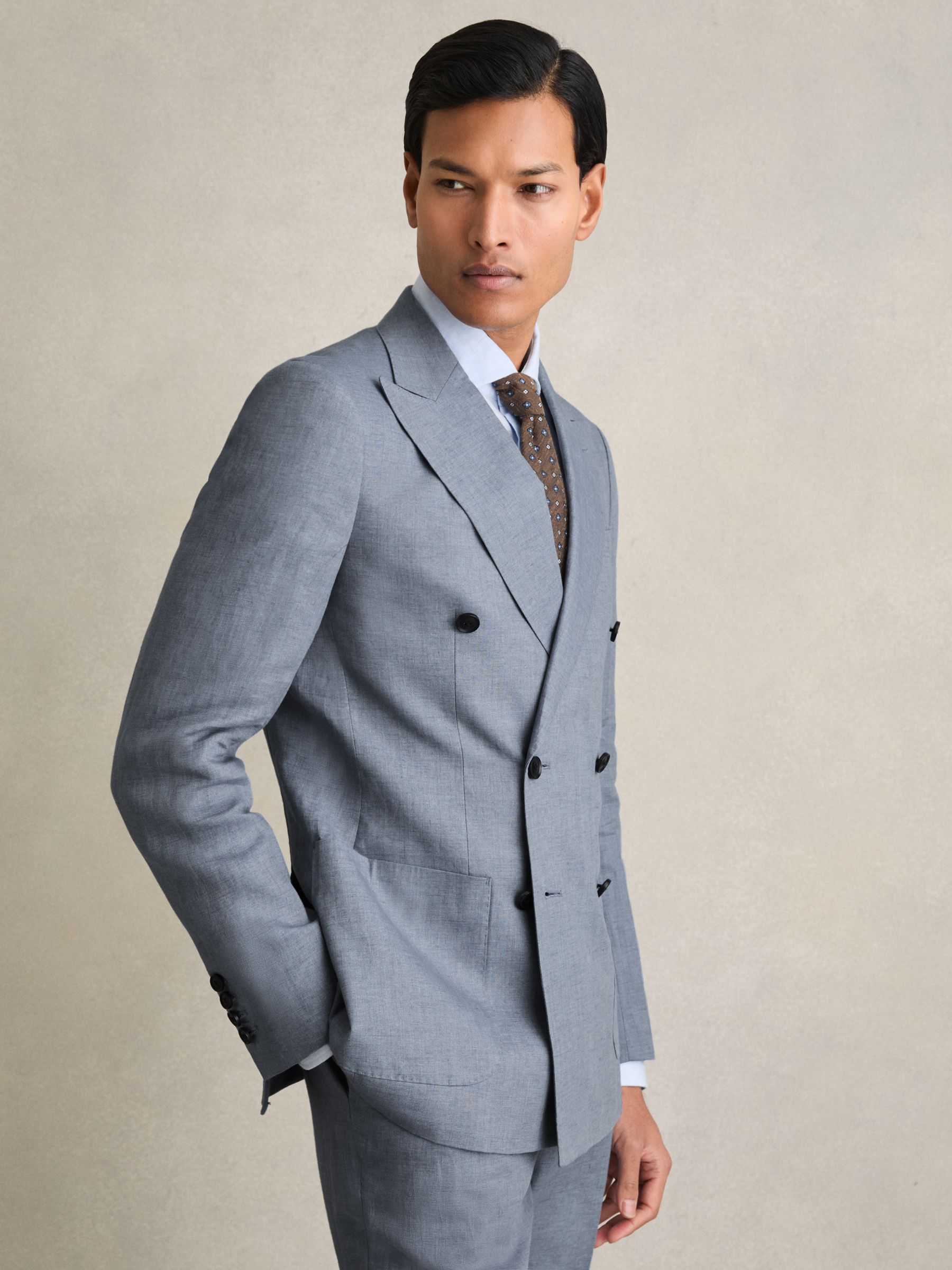 Slim-Fit Linen Double-Breasted Suit Blazer in Airforce Blue - Image 4 of 9