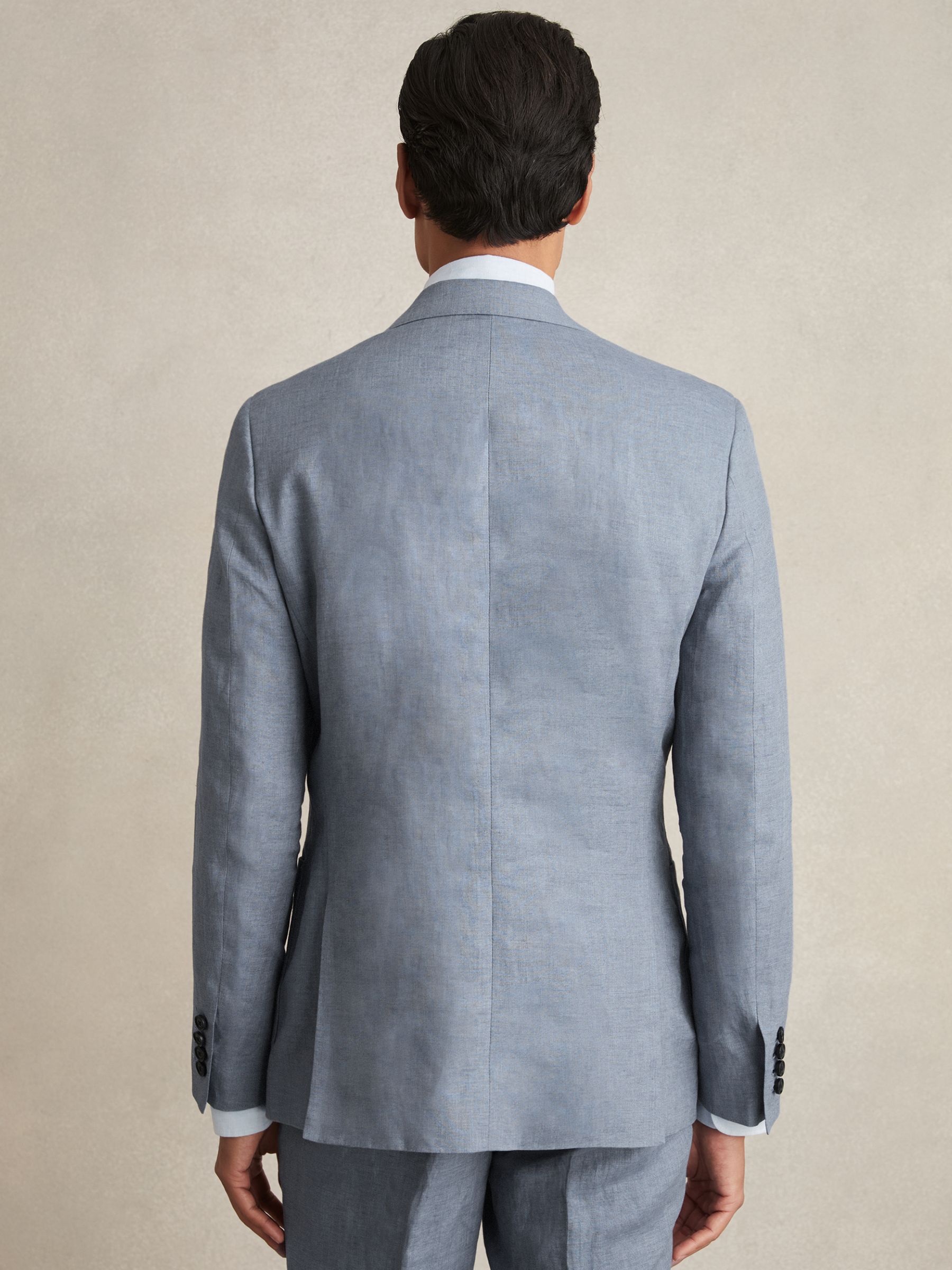 Slim-Fit Linen Double-Breasted Suit Blazer in Airforce Blue - Image 6 of 9