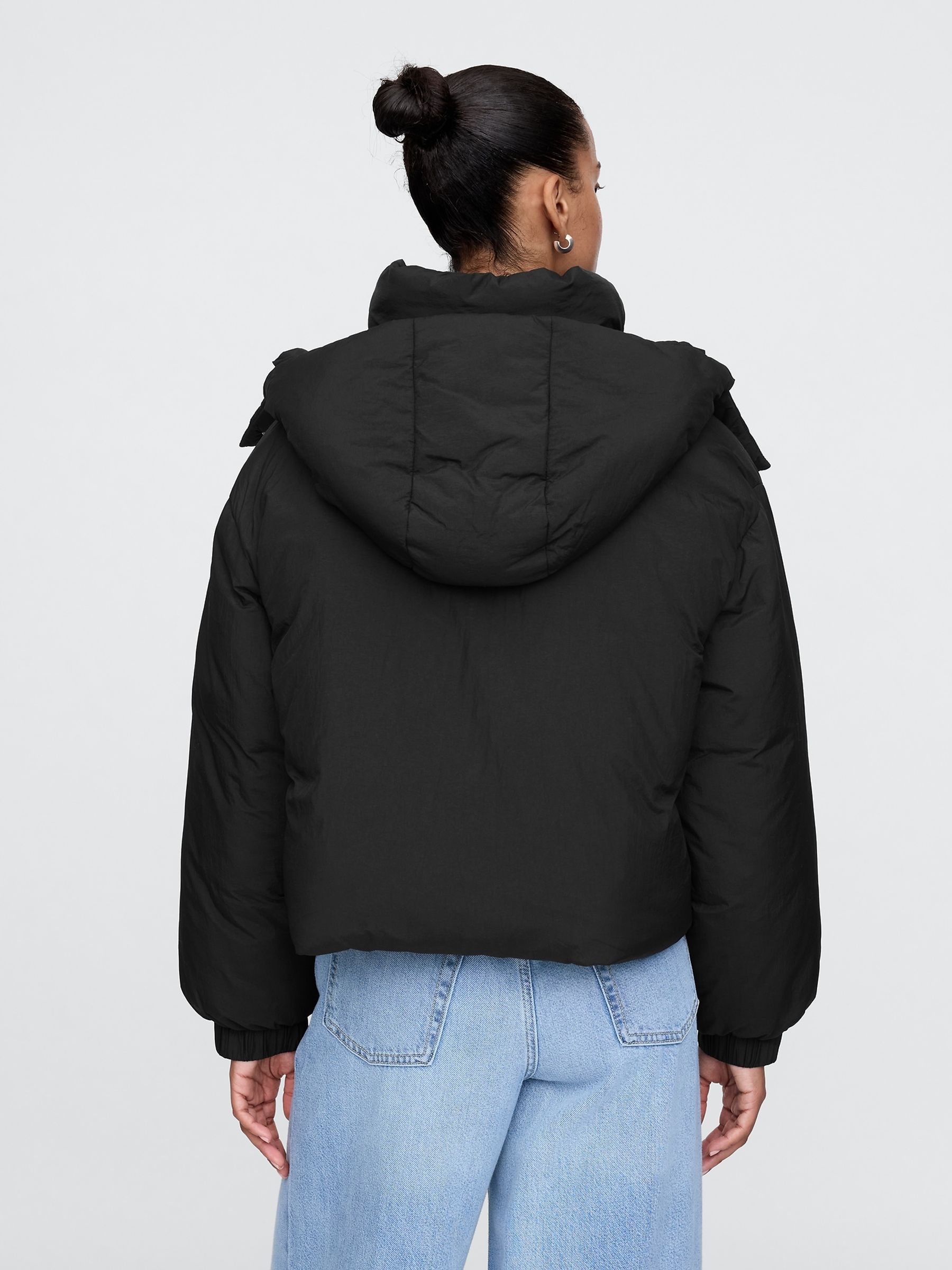 Black Cropped Duvet Wrap Puffer Coat - Image 2 of 5