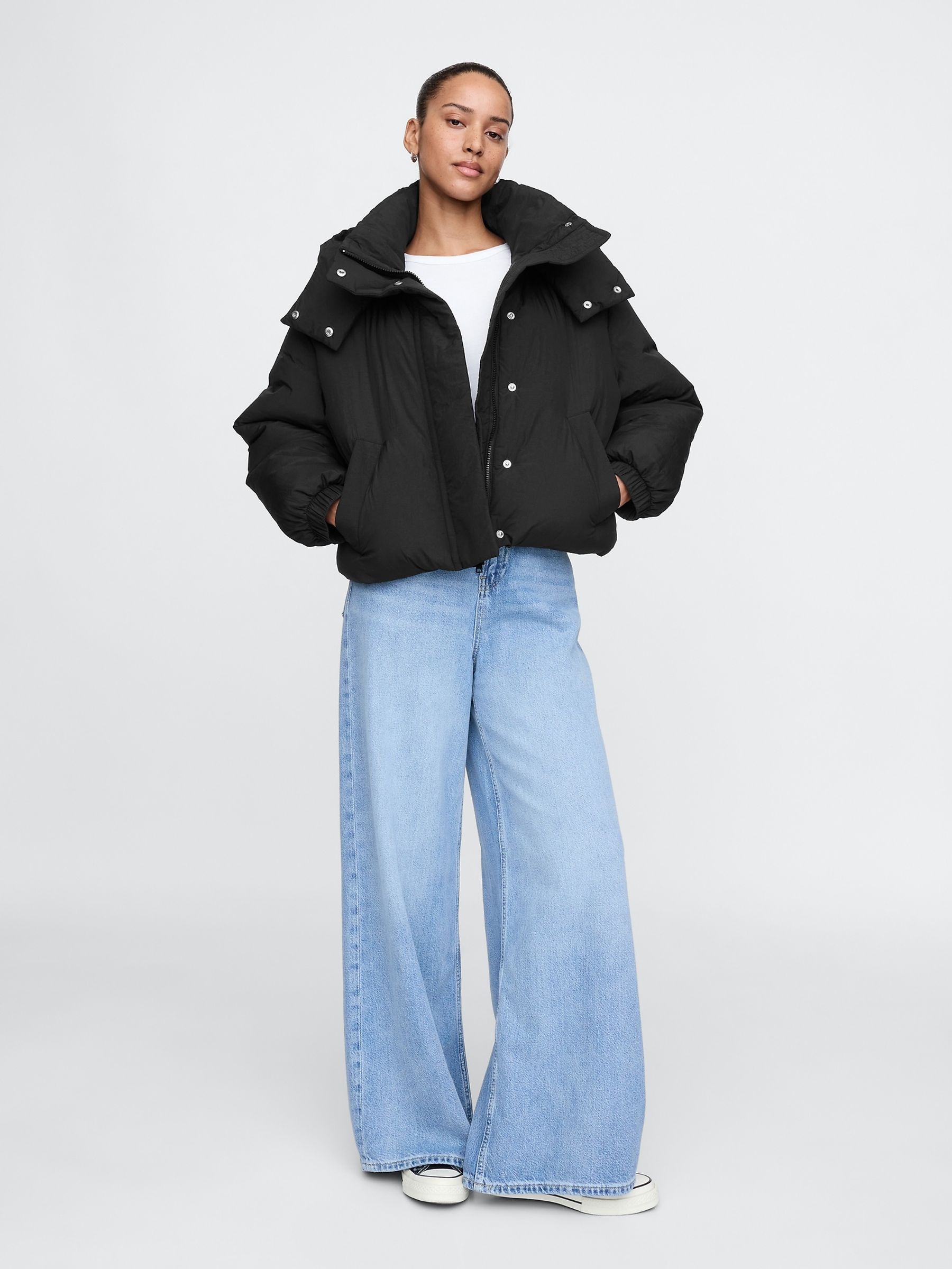 Black Cropped Duvet Wrap Puffer Coat - Image 3 of 5