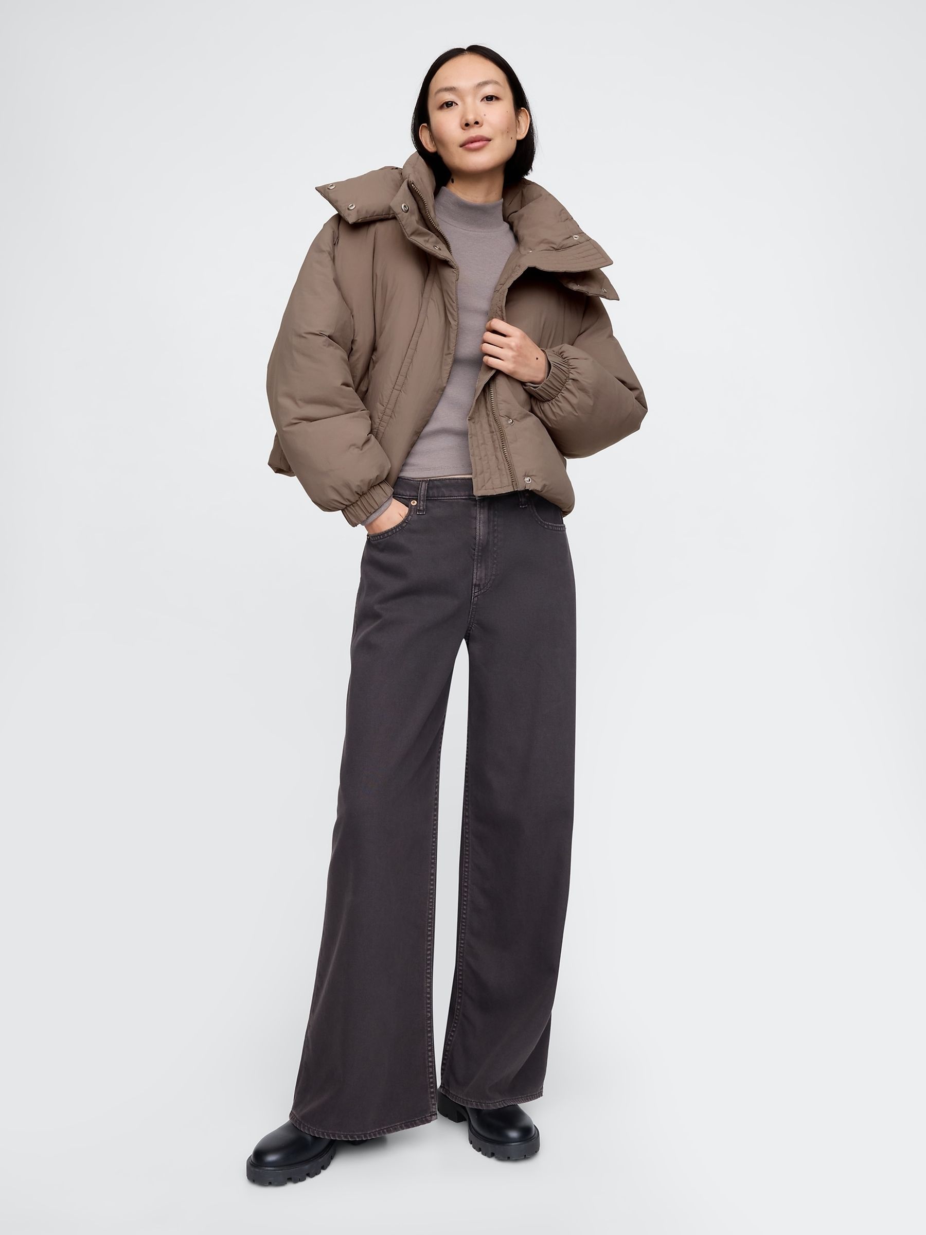Brown Cropped Duvet Wrap Puffer Coat - Image 3 of 5