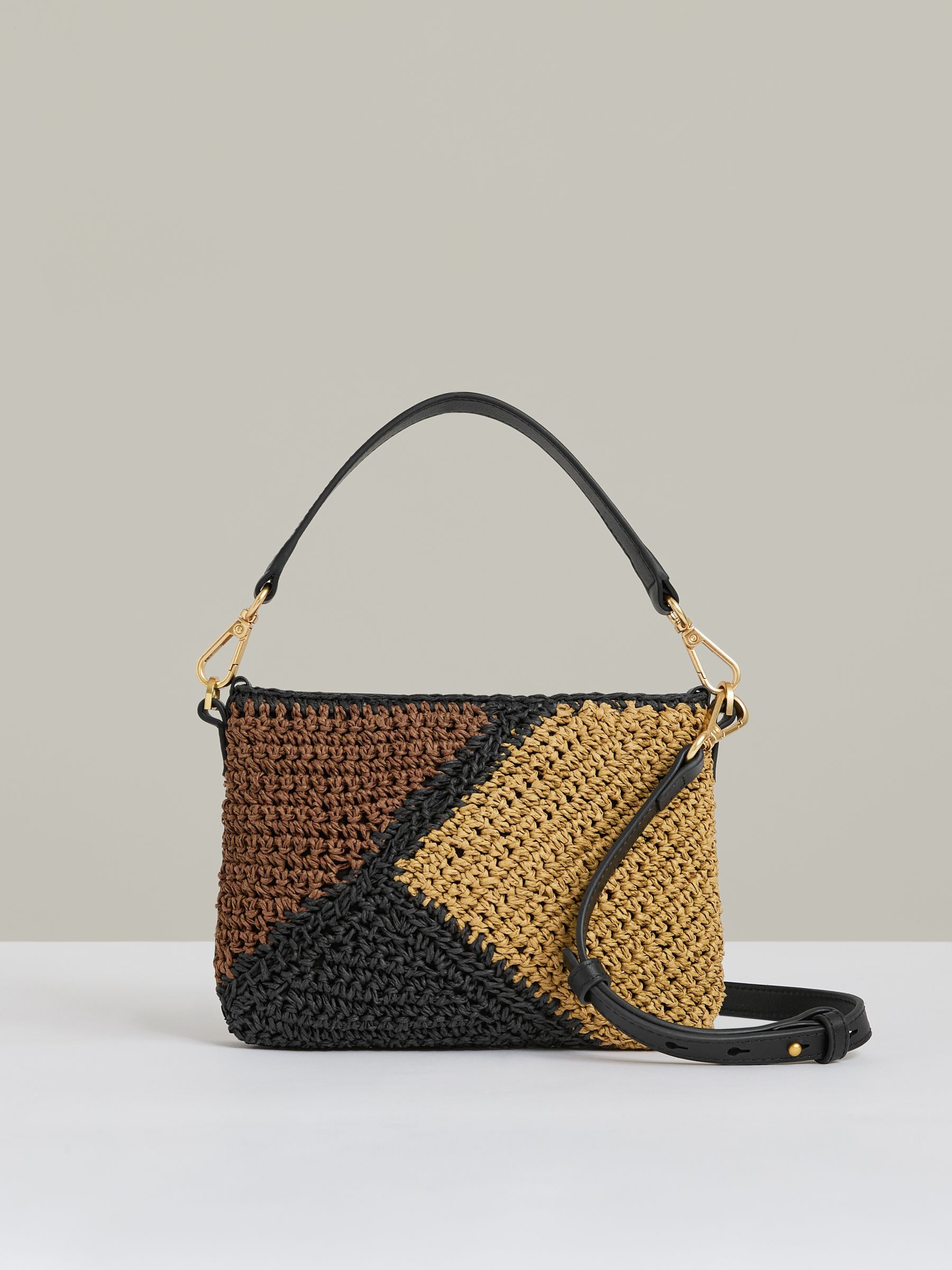 Raffia Colour-Block Cross-Body Bag in Tan - Image 1 of 5
