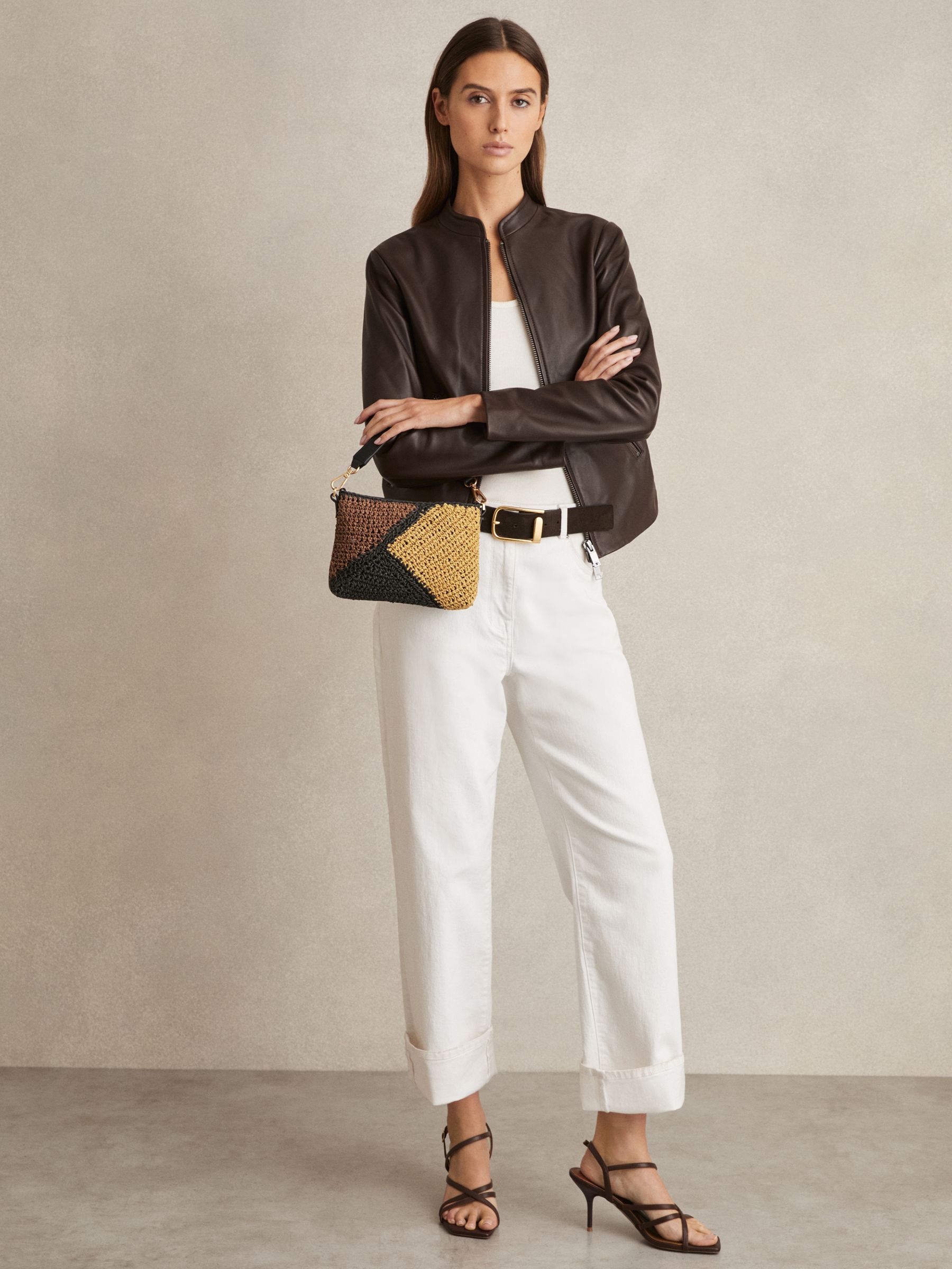 Raffia Colour-Block Cross-Body Bag in Tan - Image 2 of 5