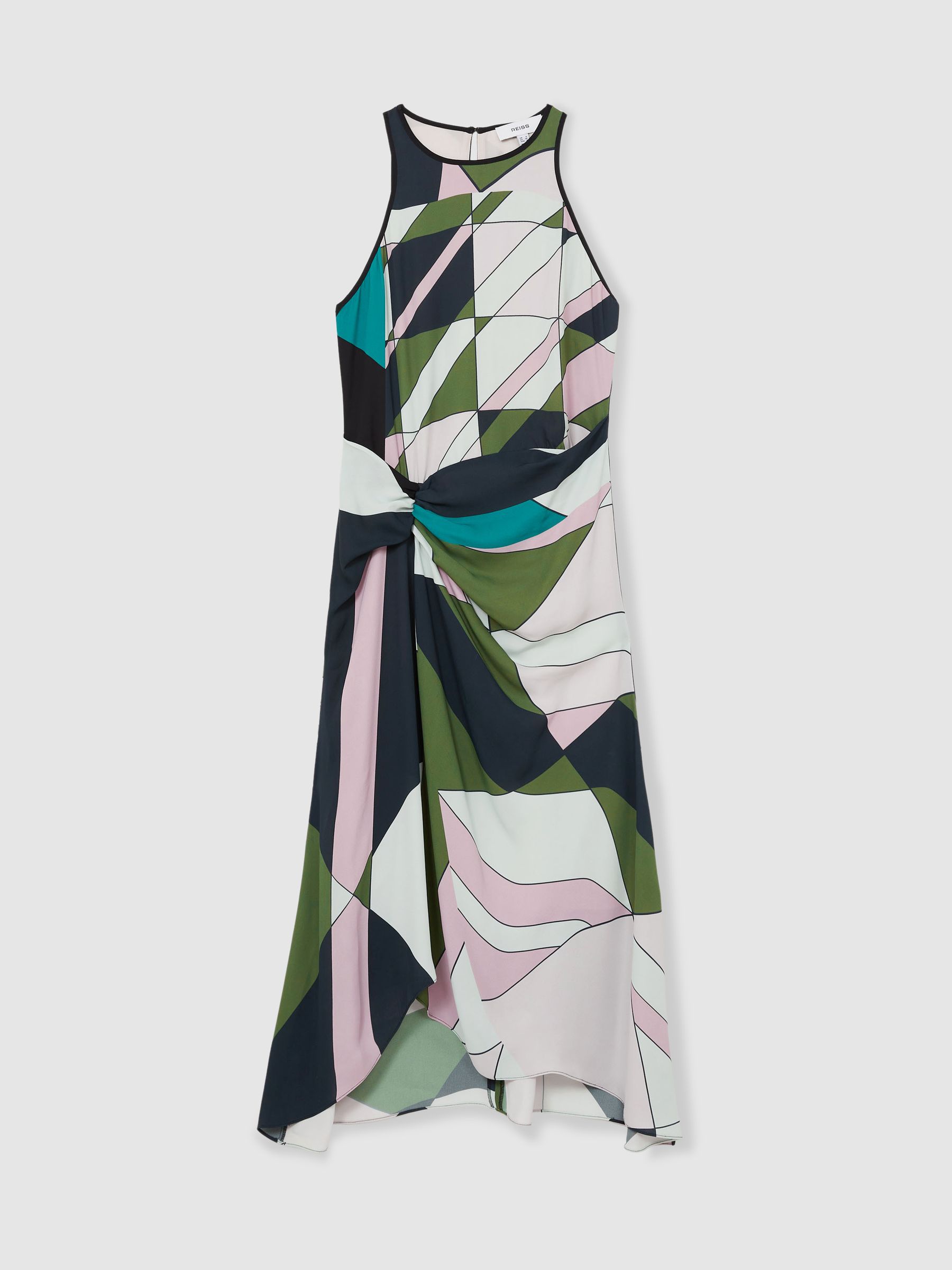Geometric-Print Gathered Midi Dress in Green - Image 2 of 6