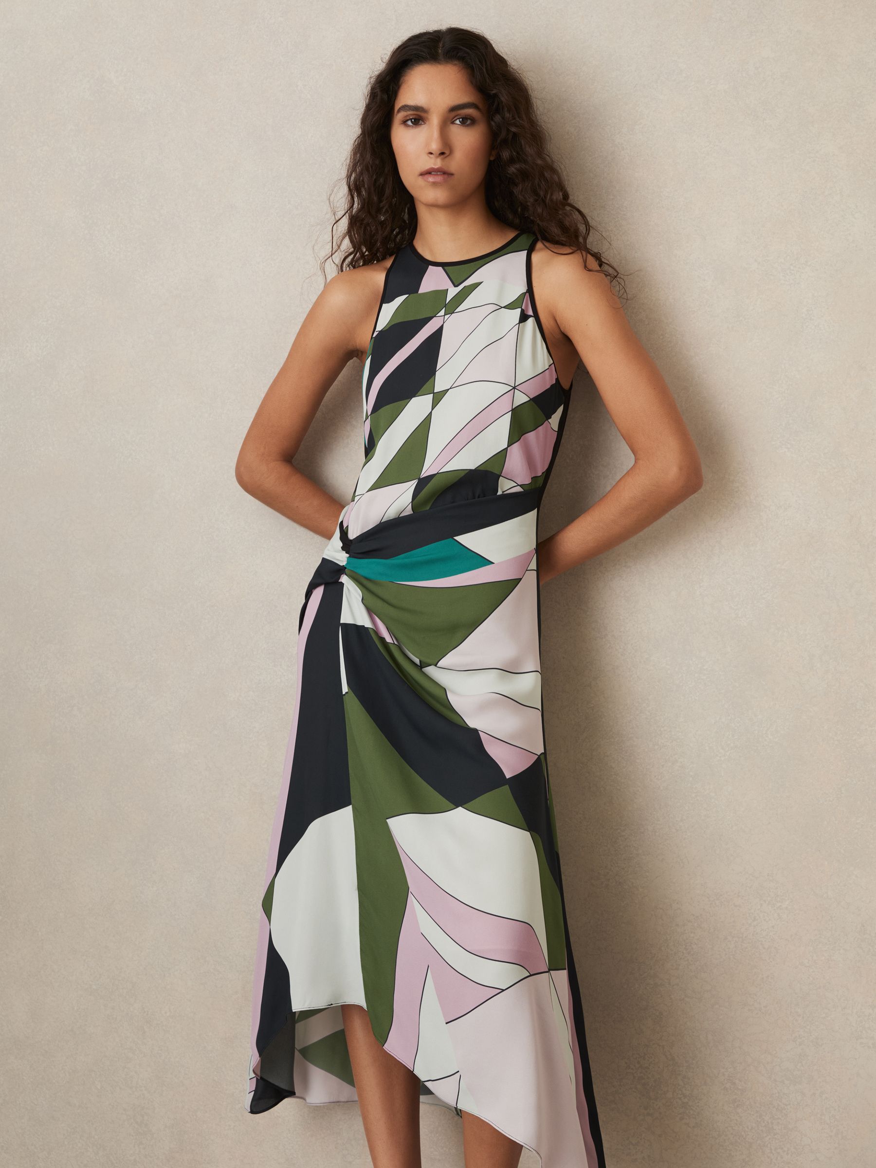 Geometric-Print Gathered Midi Dress in Green - Image 3 of 6