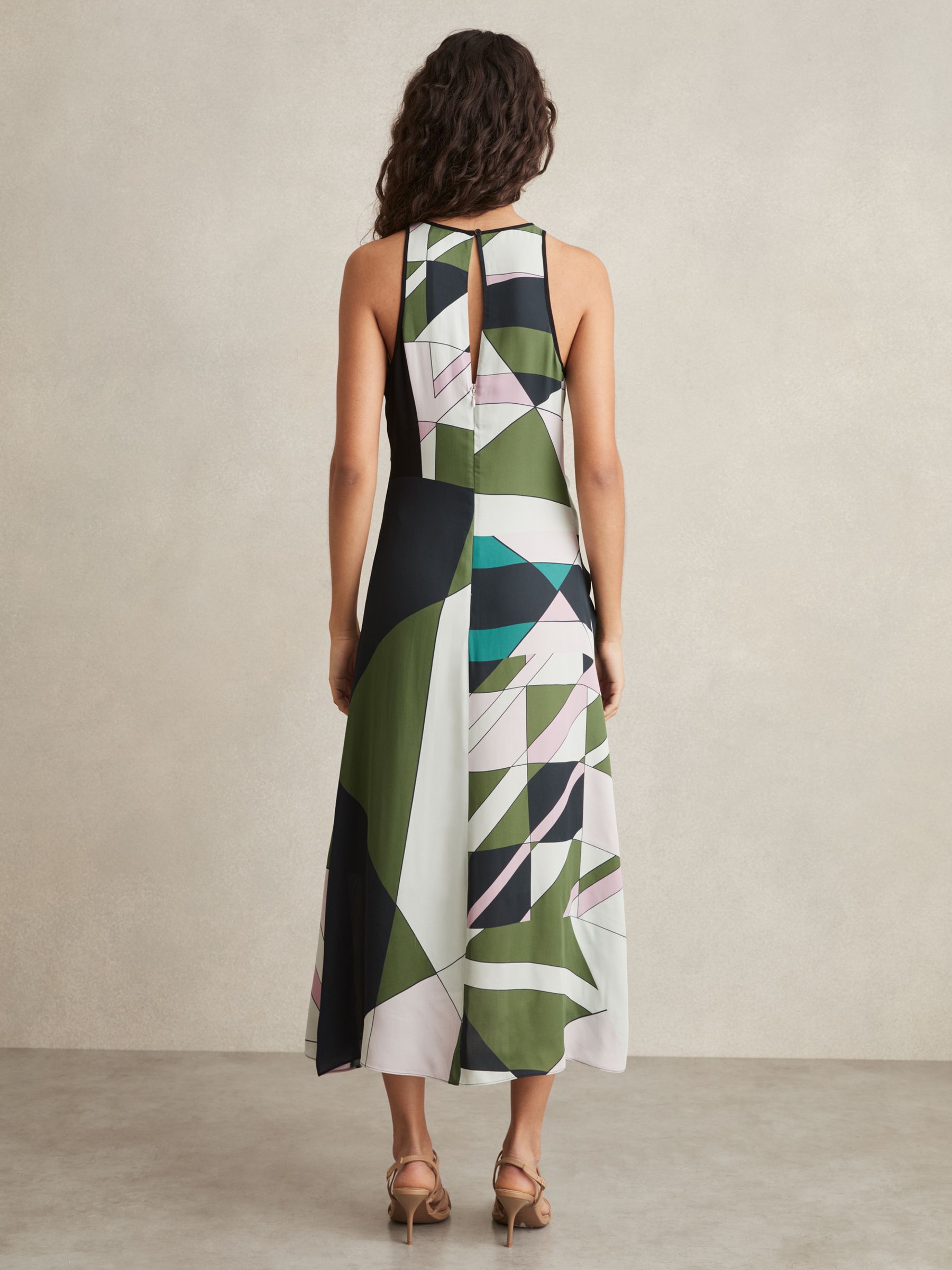 Geometric-Print Gathered Midi Dress in Green - Image 5 of 6