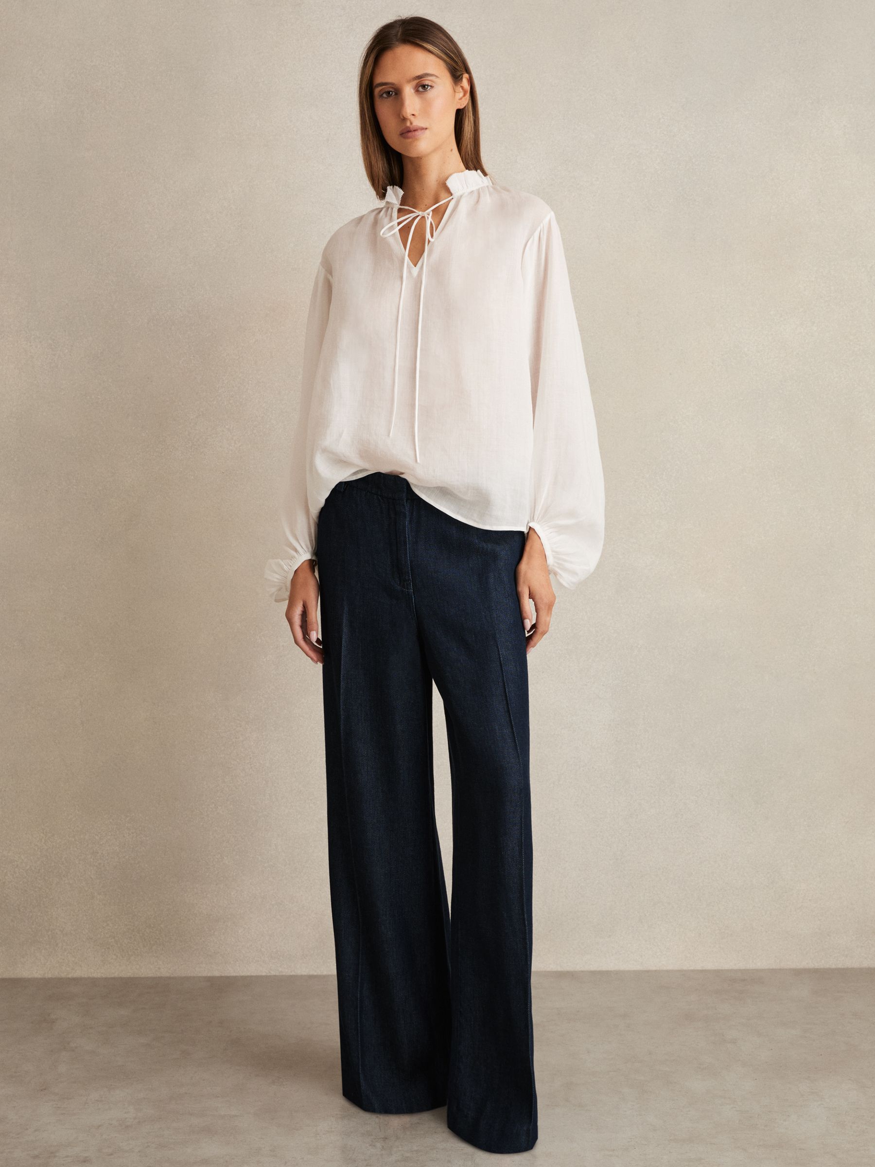 Denim-Look Wide-Leg Trousers in Dark Blue - Image 1 of 6