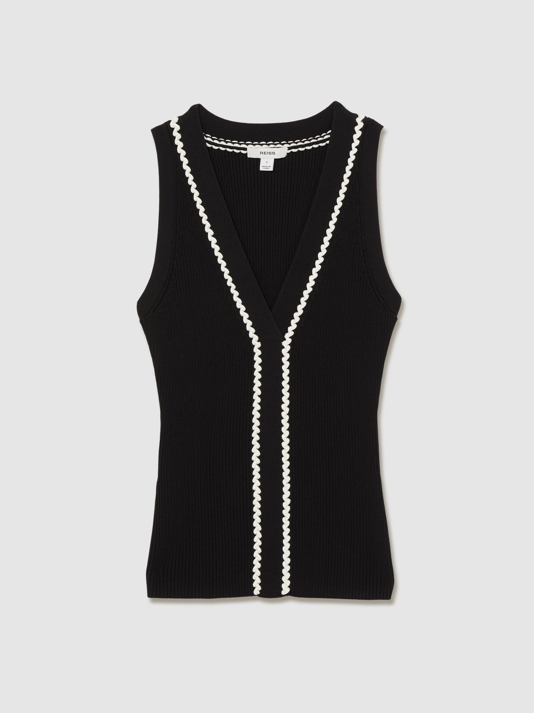 Ribbed Knit Craft Stitch Vest Top in Black/White - Image 2 of 7