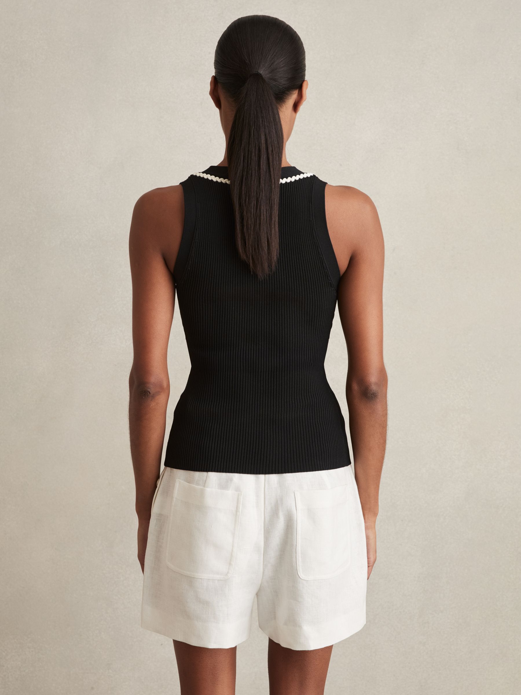 Ribbed Knit Craft Stitch Vest Top in Black/White - Image 5 of 7