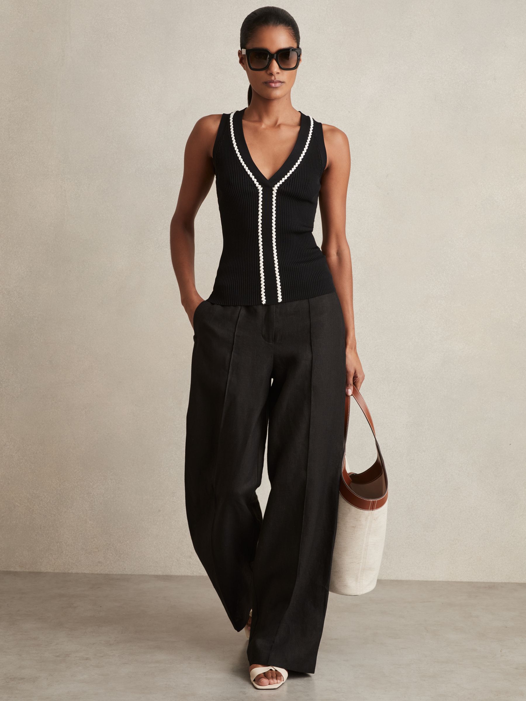 Ribbed Knit Craft Stitch Vest Top in Black/White - Image 6 of 7