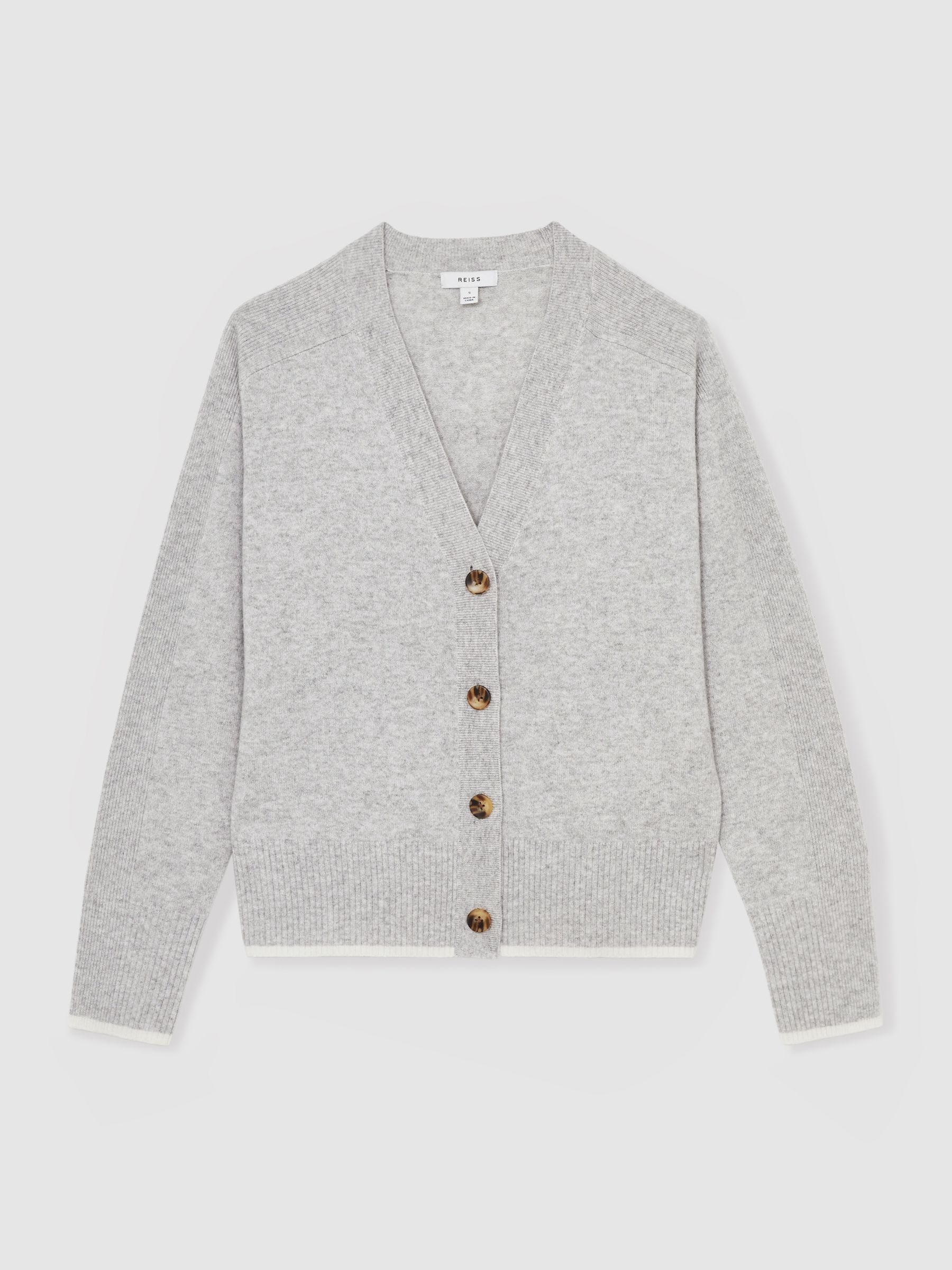 Tipped V-Neck Cardigan With Wool And Cashmere in Grey/Ivory - Image 2 of 6
