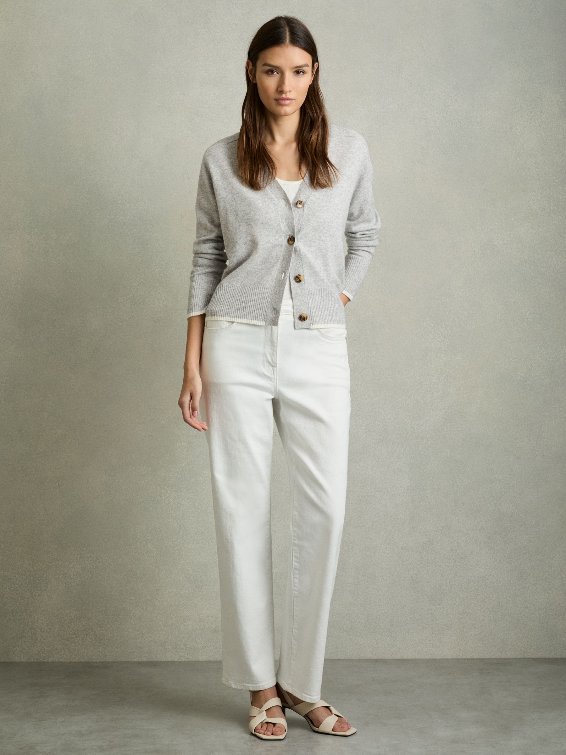 Tipped V-Neck Cardigan With Wool And Cashmere in Grey/Ivory - Image 3 of 6