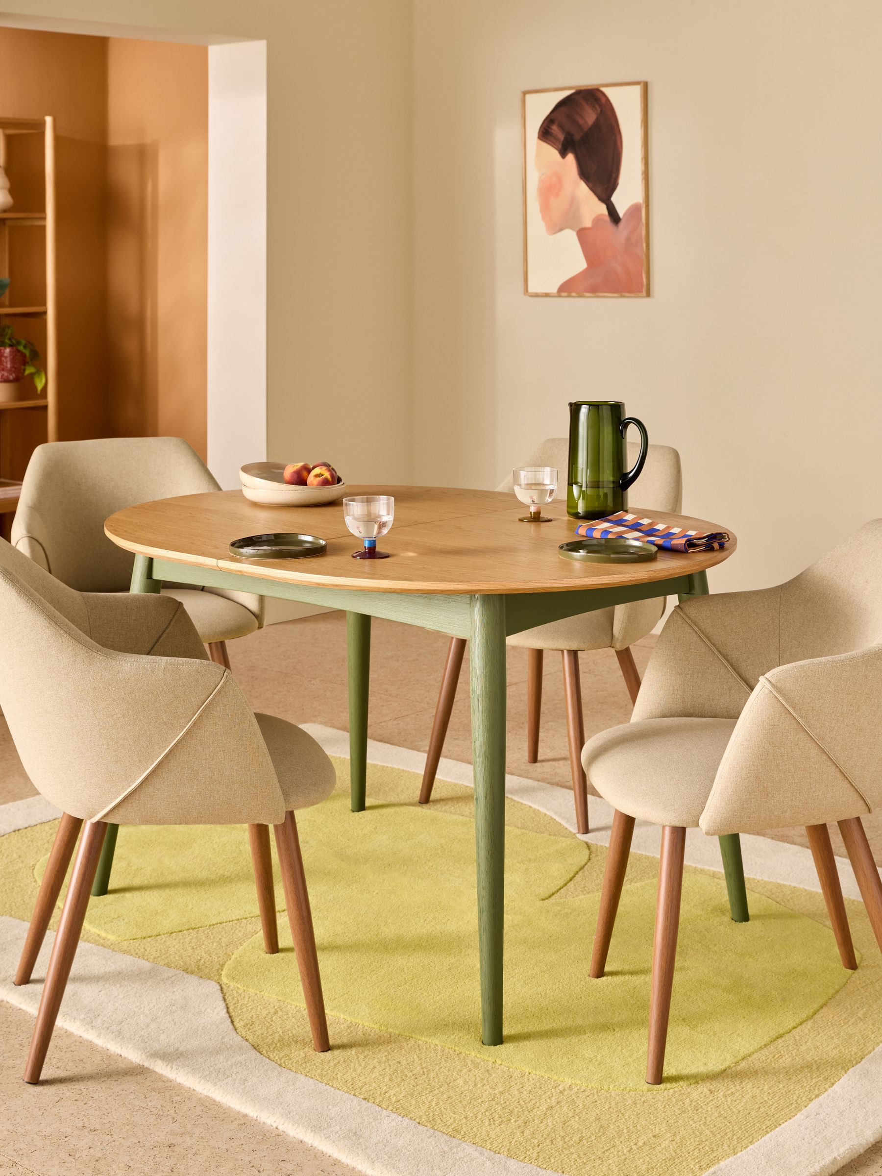 Oak and Green Legs Deauville 4 to 6 Seater Oval Extending Dining Table - Image 1 of 7 Oak and Green Legs Deauville 4 to 6 Seater Oval Extending Dining Table - Image 1 of 7