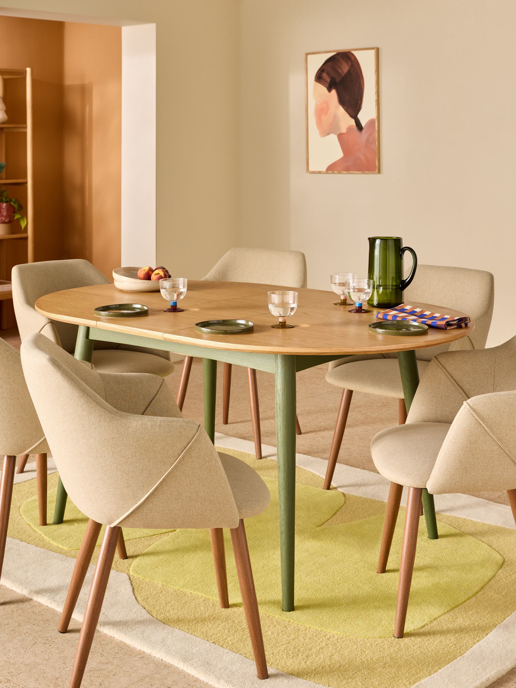 Oak and Green Legs Deauville 4 to 6 Seater Oval Extending Dining Table - Image 2 of 7 Oak and Green Legs Deauville 4 to 6 Seater Oval Extending Dining Table - Image 2 of 7