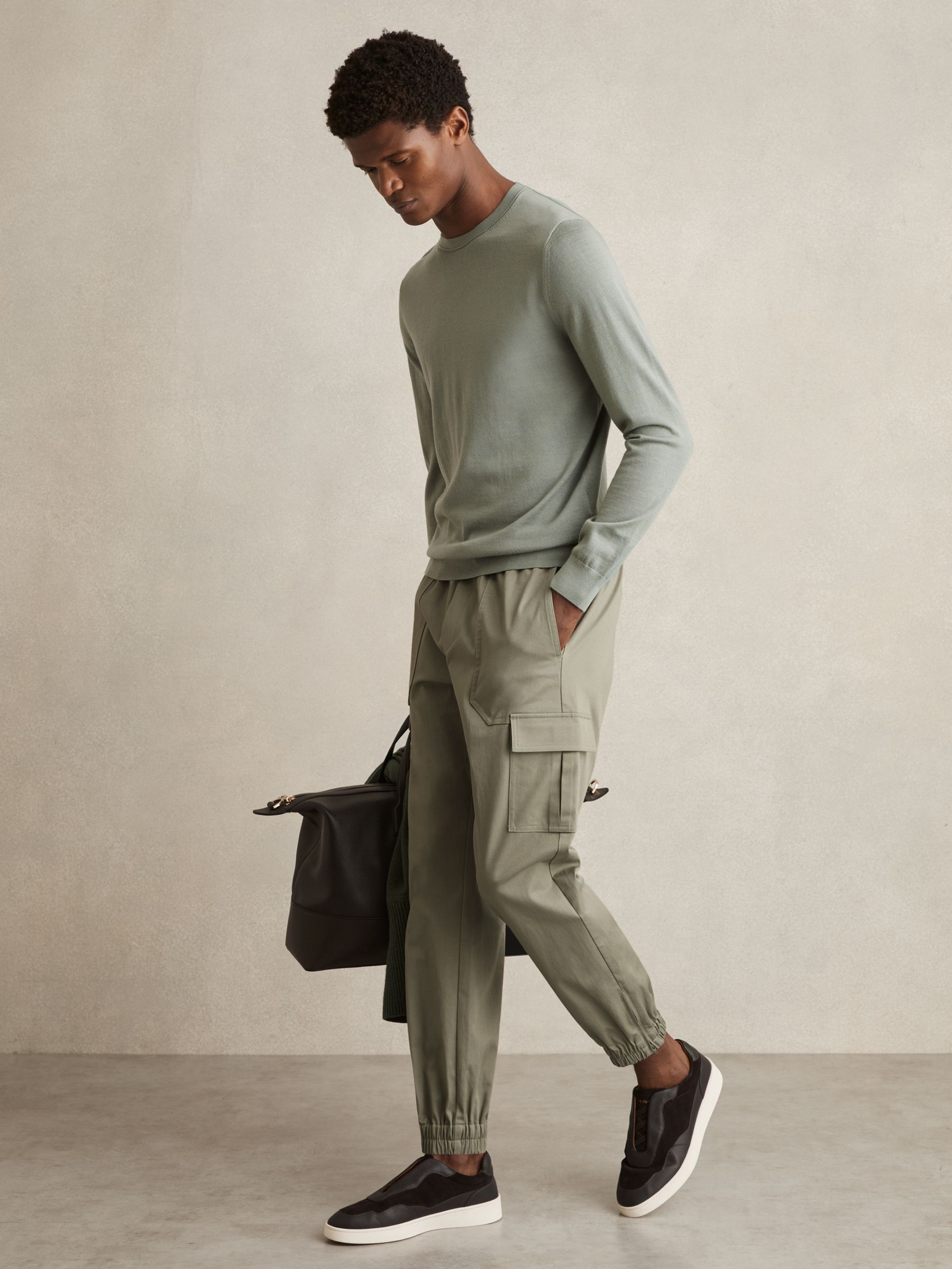 Cotton Drawstring Cargo Trousers in Washed Khaki Green - Image 1 of 6