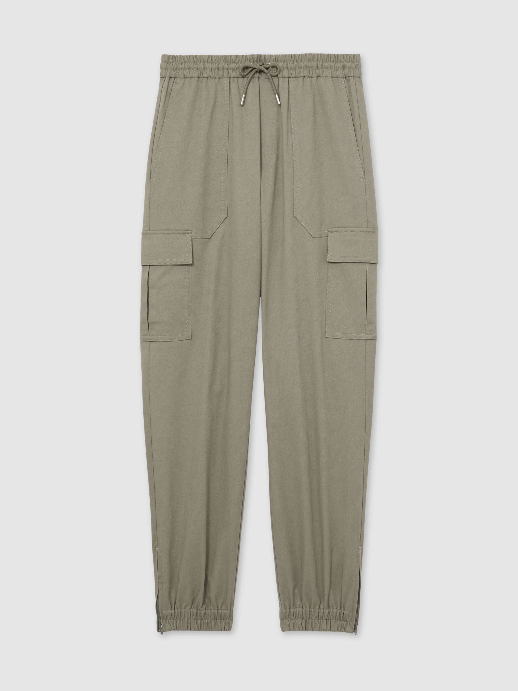 Cotton Drawstring Cargo Trousers in Washed Khaki Green - Image 2 of 6