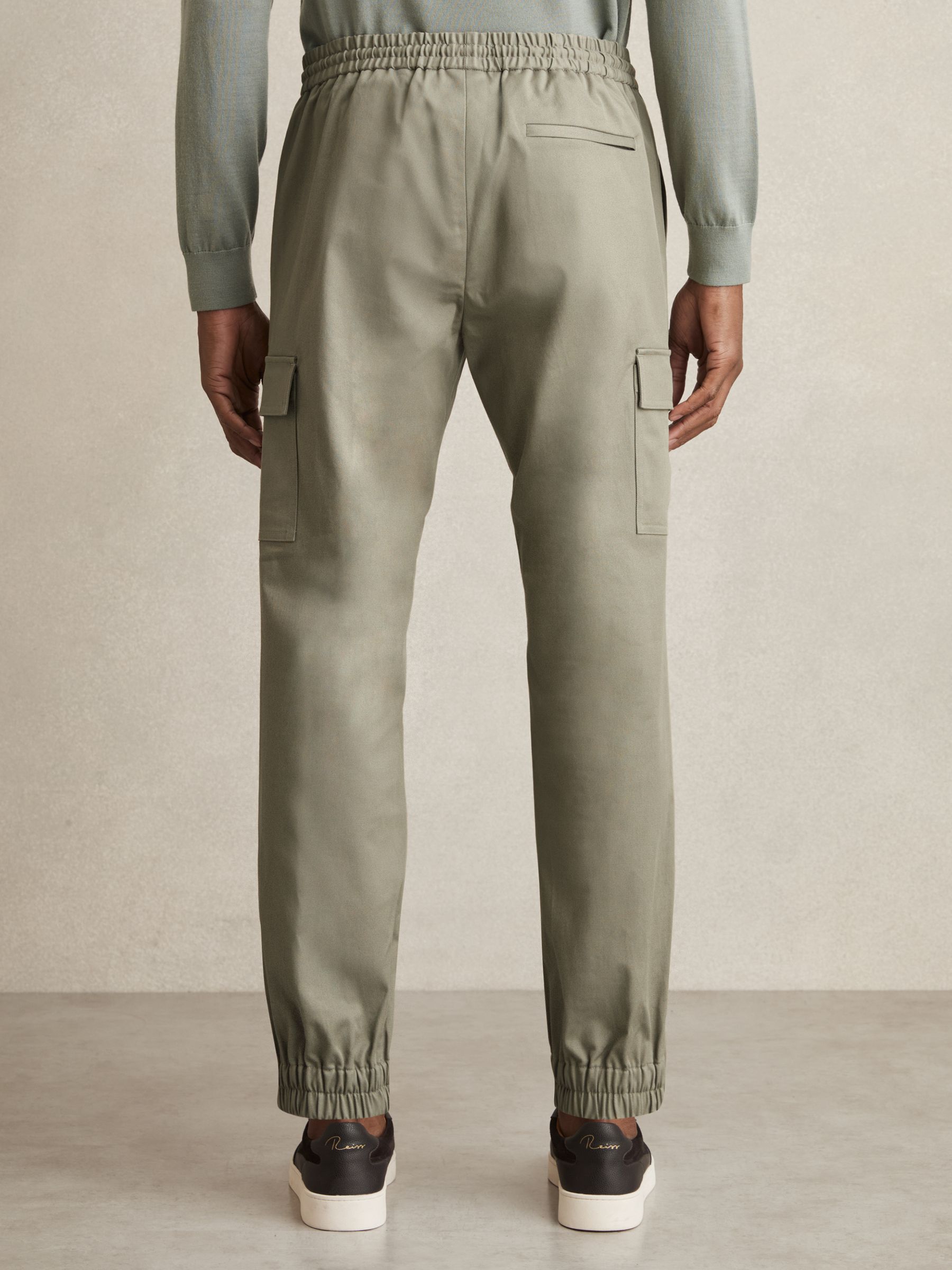 Cotton Drawstring Cargo Trousers in Washed Khaki Green - Image 5 of 6