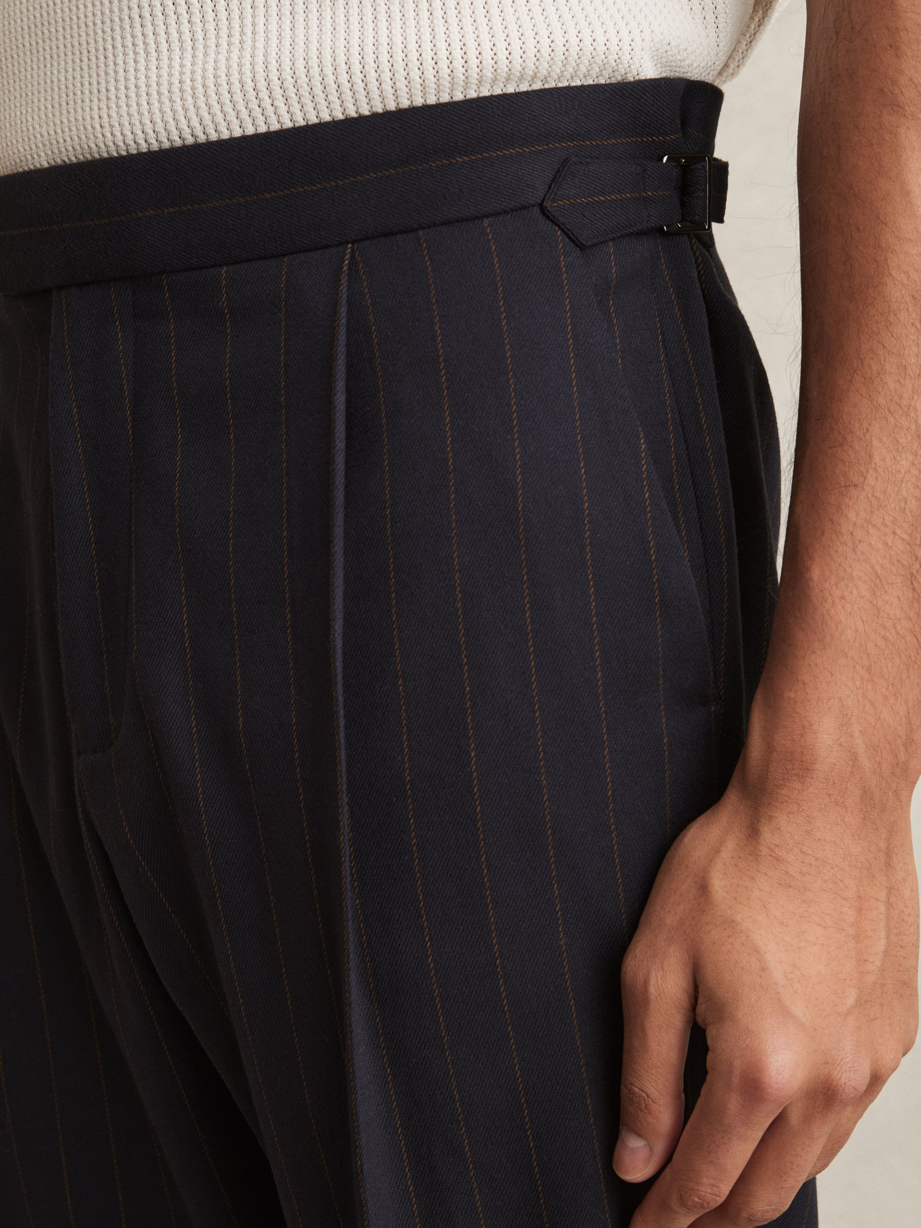 Pinstripe Tapered Trousers in Navy - Image 3 of 6