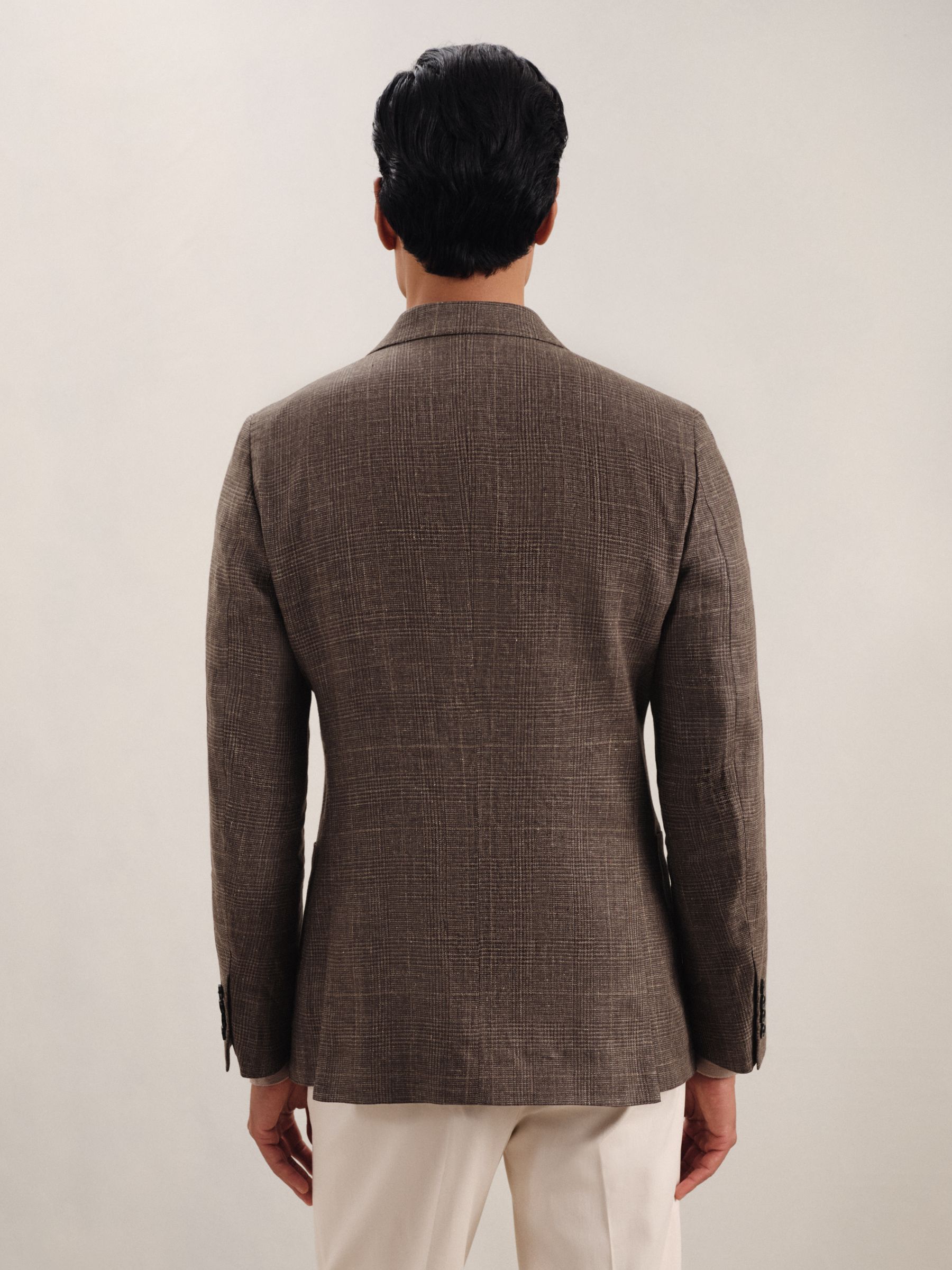 Slim Fit Linen Double-Breasted Check Blazer in Dark Brown - Image 6 of 9
