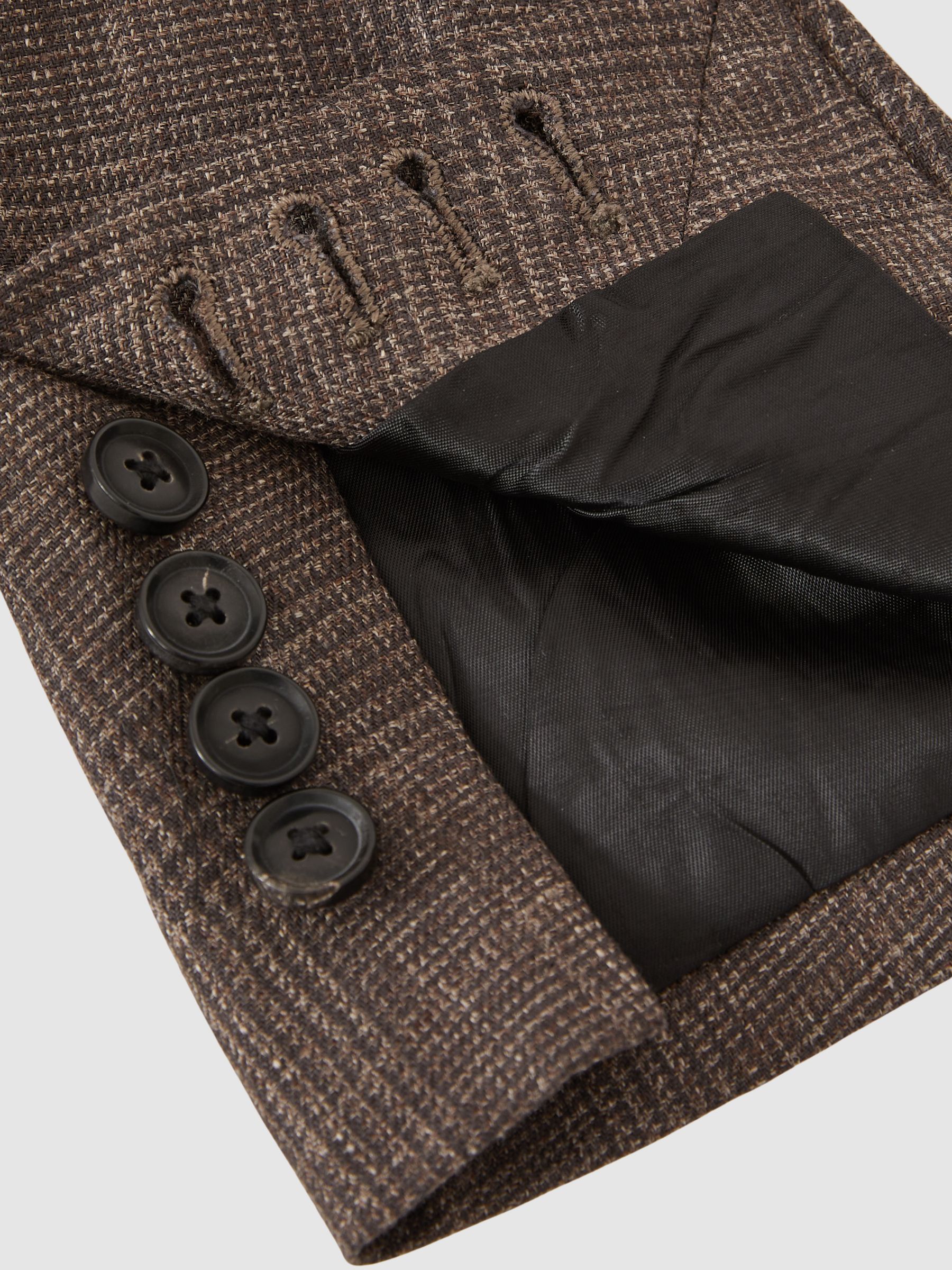 Slim Fit Linen Double-Breasted Check Blazer in Dark Brown - Image 9 of 9