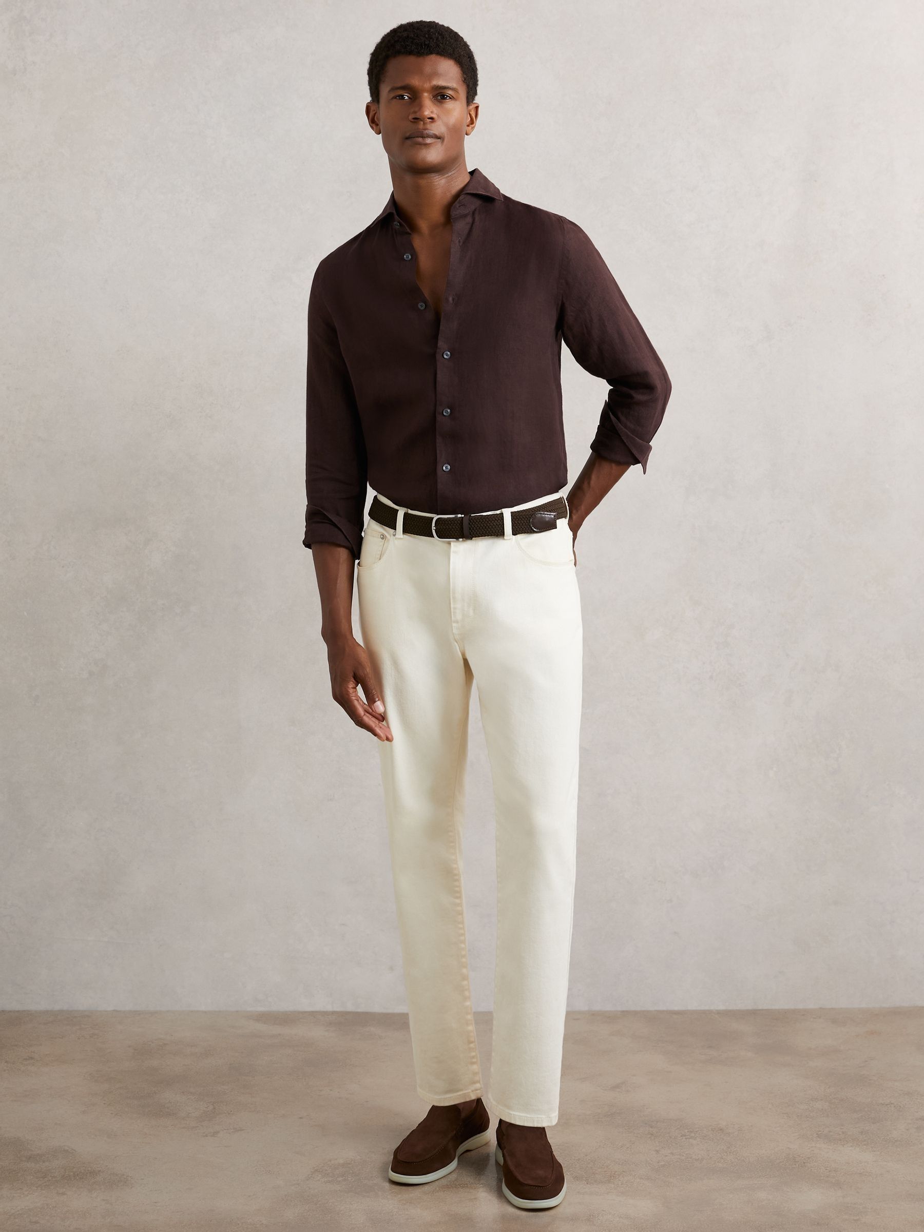 Linen Cutaway-Collar Regular-Fit Shirt in Dark Brown - image 4