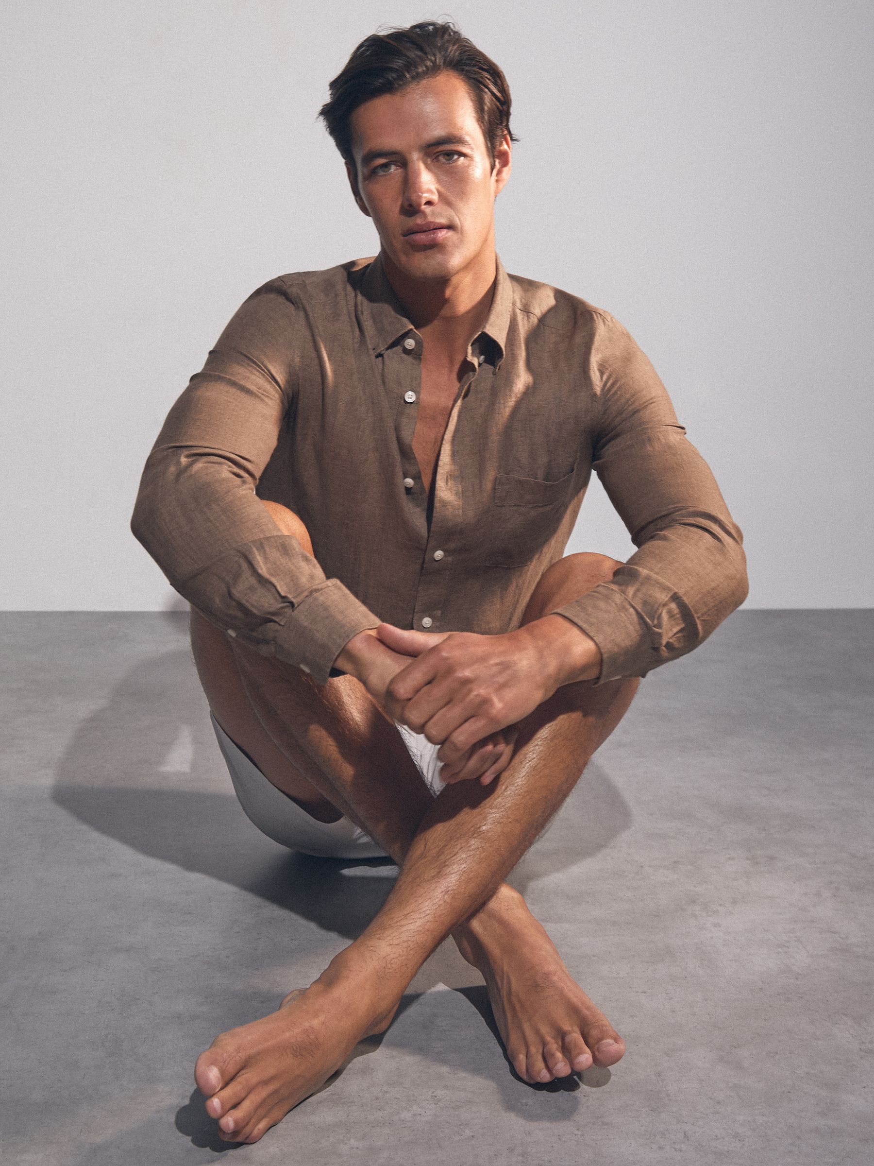 Linen Button-Through Shirt in Light Taupe Brown - Image 5 of 6