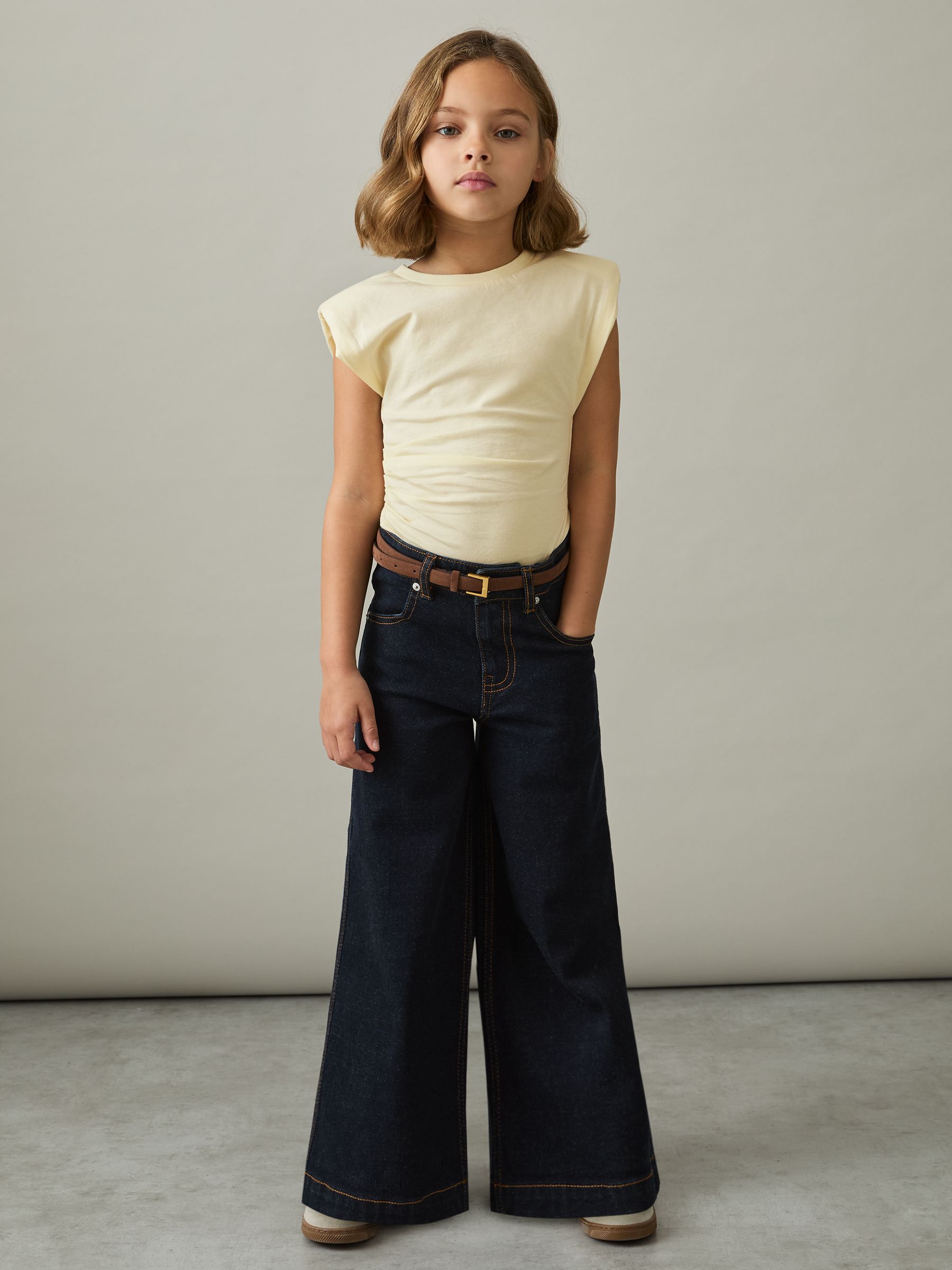 13-14 yrs Cotton-Jersey Cap-Sleeve Ruched Top in Lemon - Image 3 of 5
