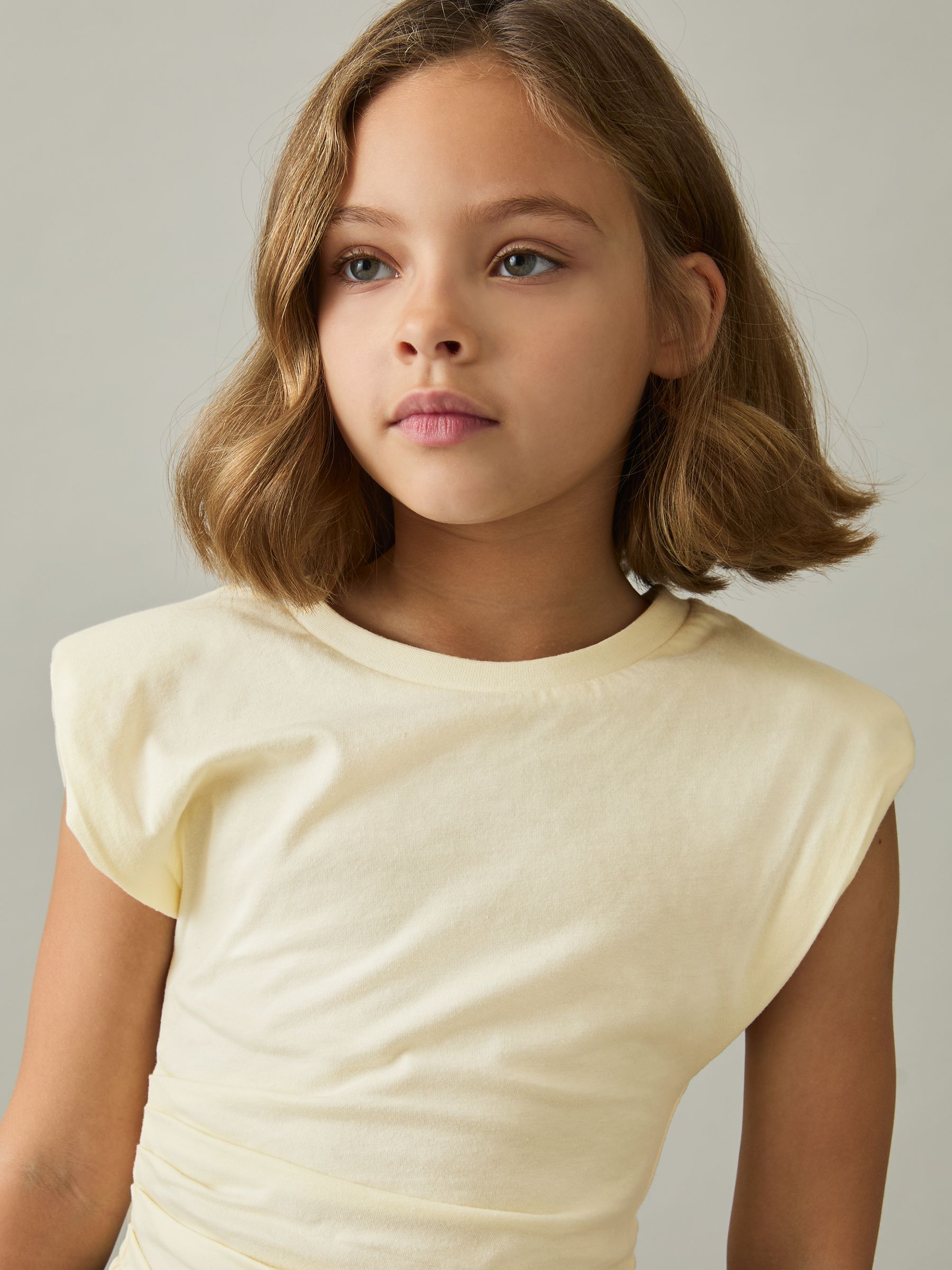 13-14 yrs Cotton-Jersey Cap-Sleeve Ruched Top in Lemon - Image 4 of 5