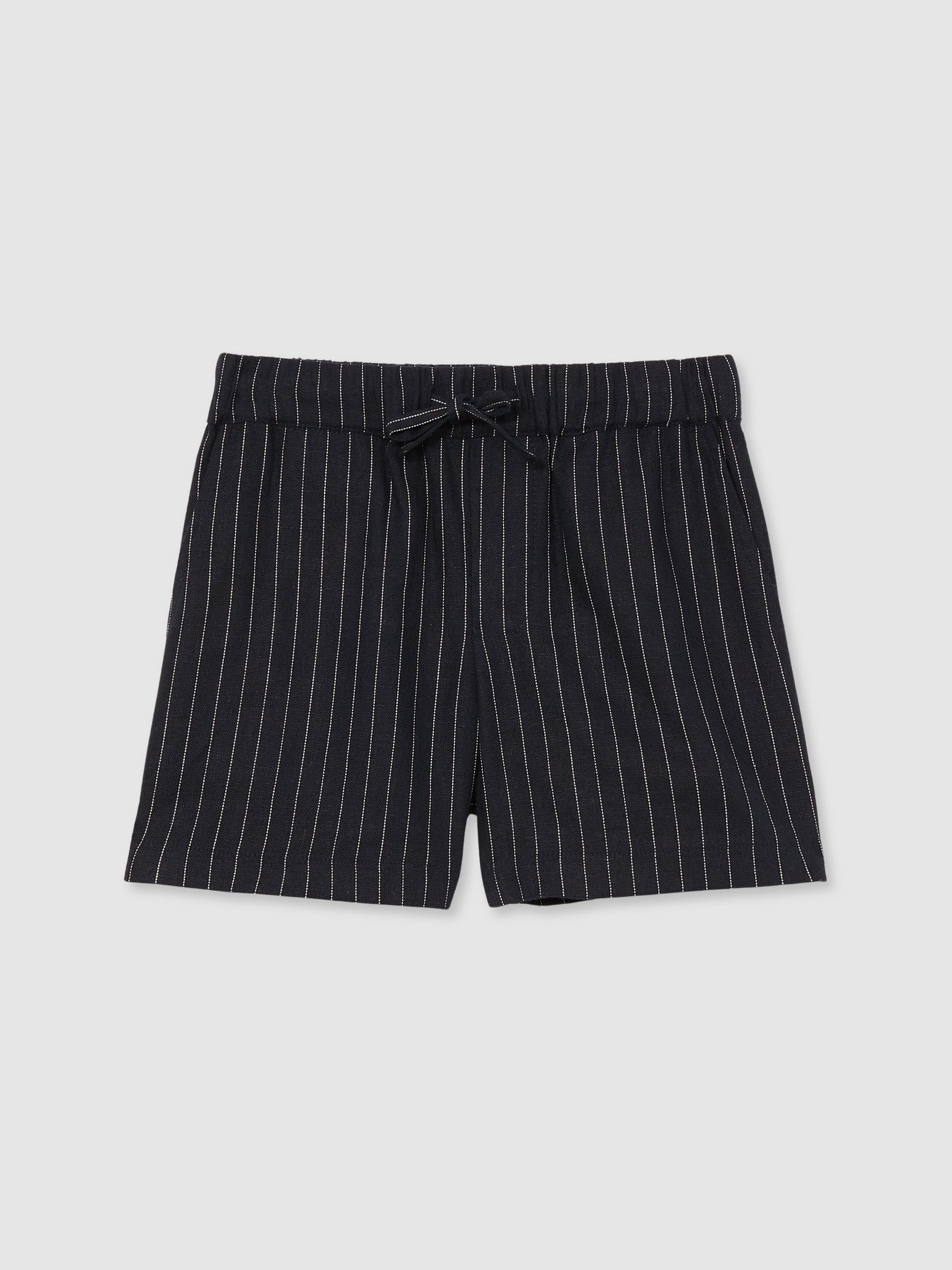 Linen Blend Drawstring Shorts in Navy Stripe - Image 1 of 4