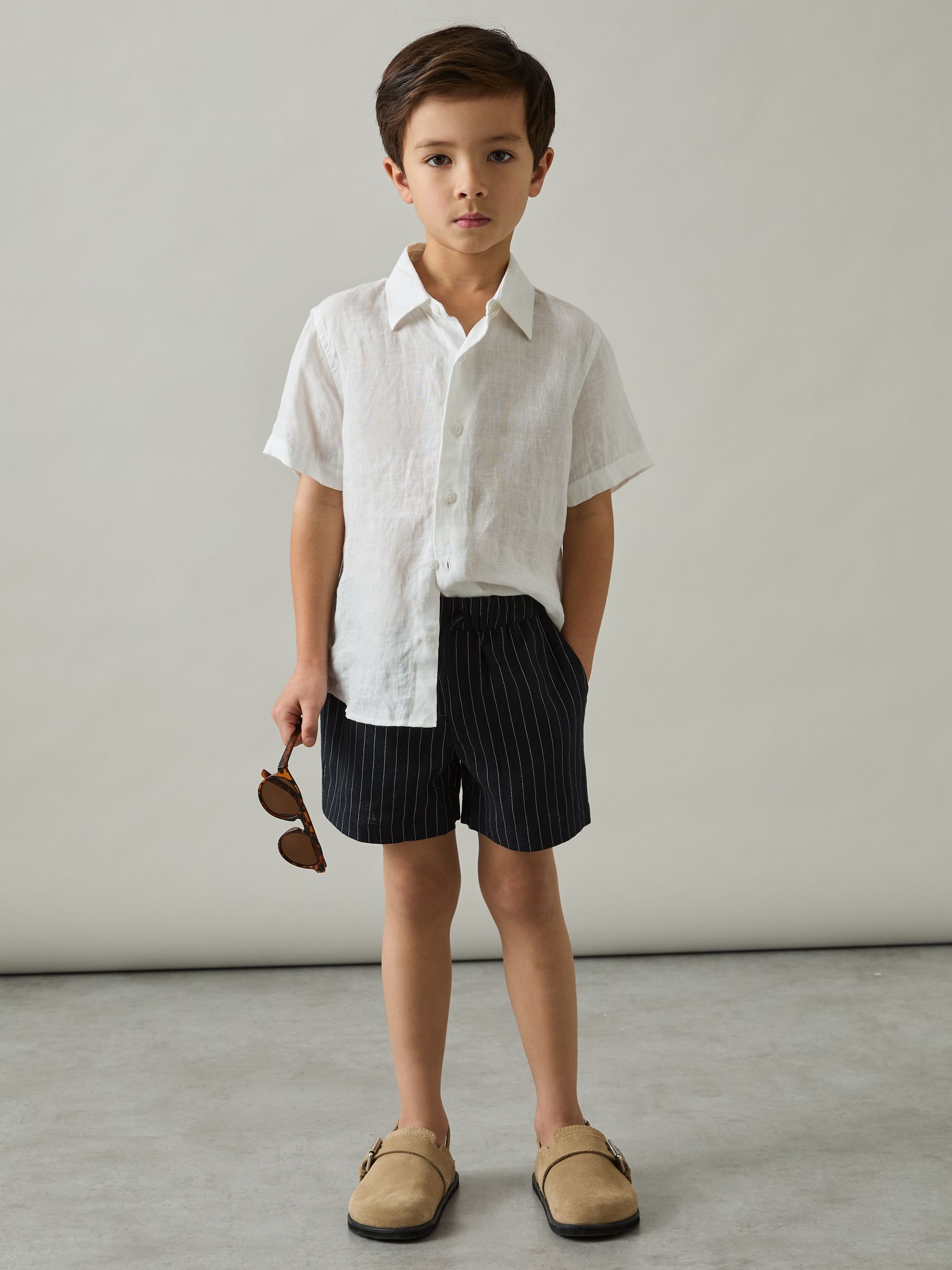 Linen Blend Drawstring Shorts in Navy Stripe - Image 2 of 4 Linen Blend Drawstring Shorts in Navy Stripe - Image 2 of 4